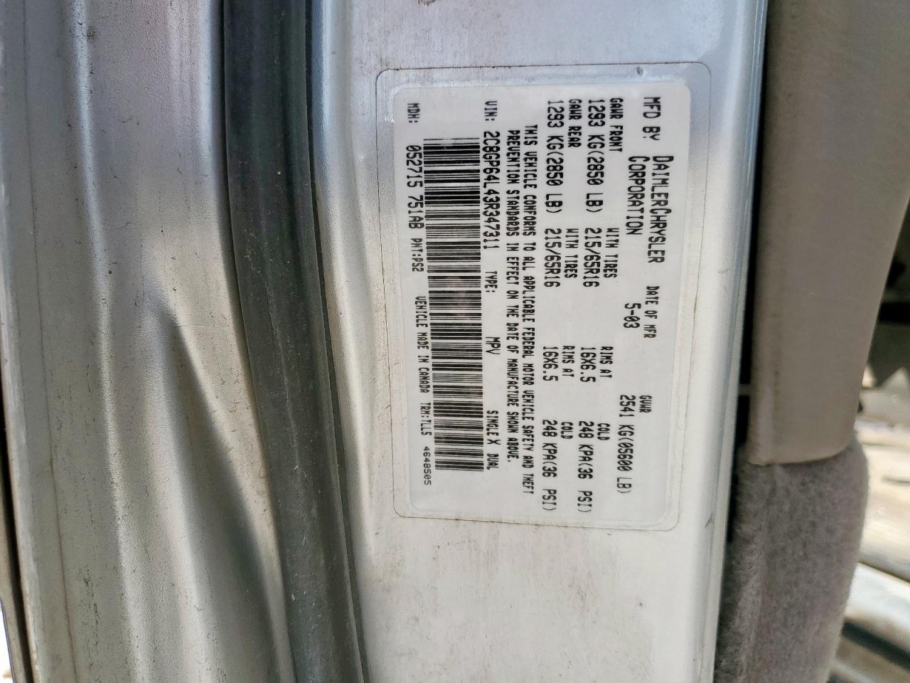 2003 Chrysler Town & Country Limited Silver vin: 2C8GP64L43R347311