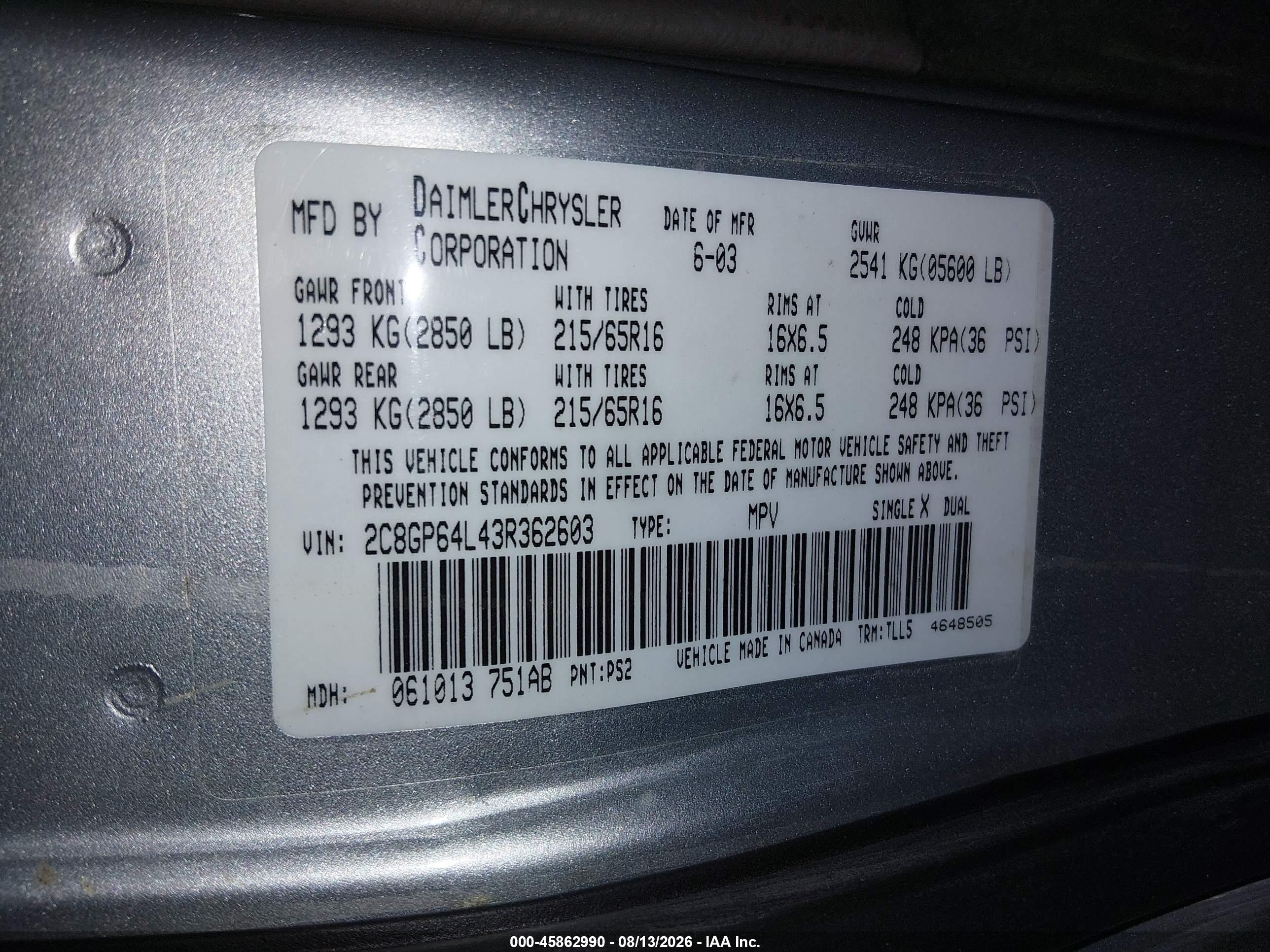 2003 Chrysler Town & Country Limited Серебряный vin: 2C8GP64L43R362603