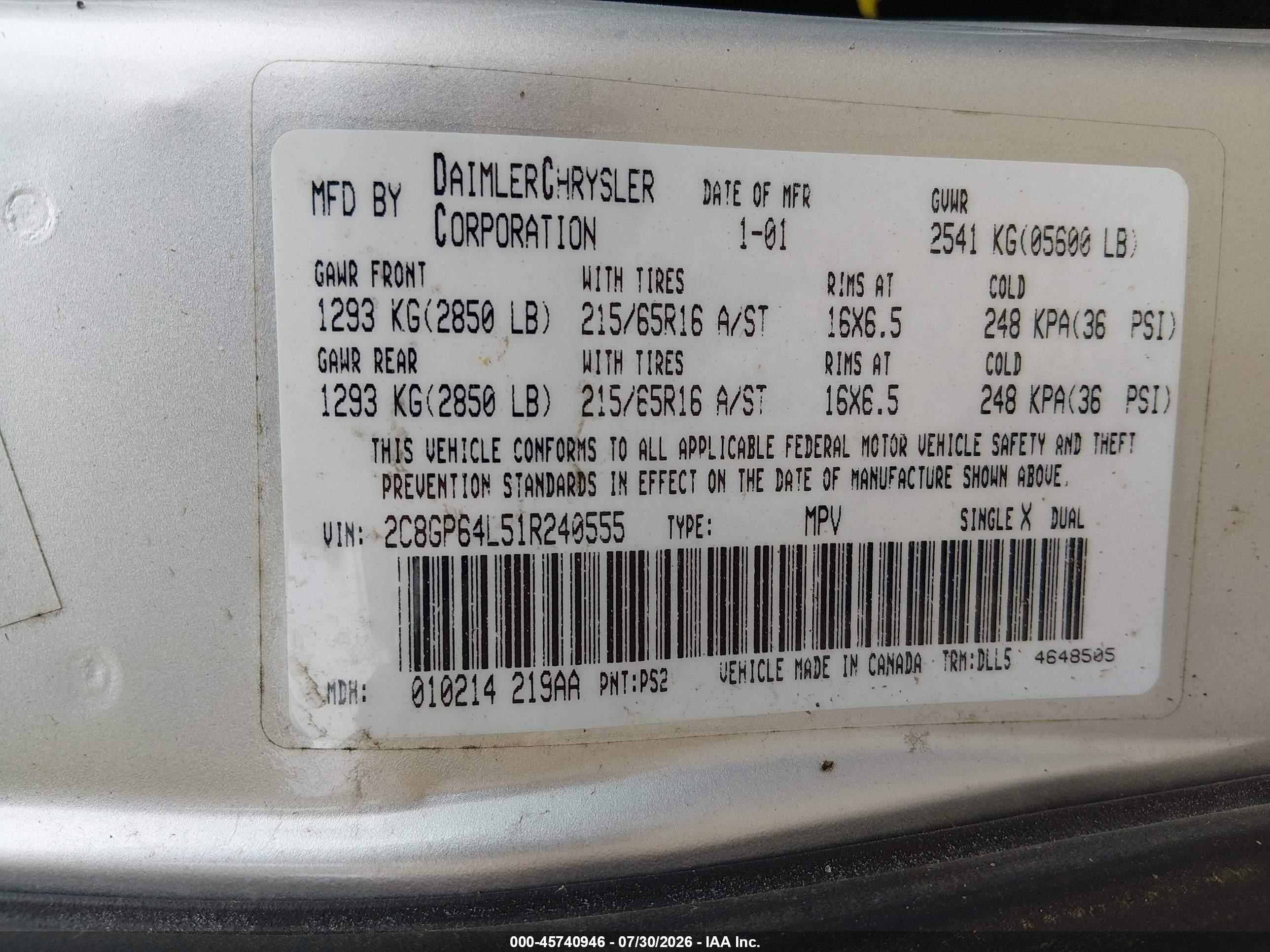 2001 Chrysler Town & Country Limited Silver vin: 2C8GP64L51R240555