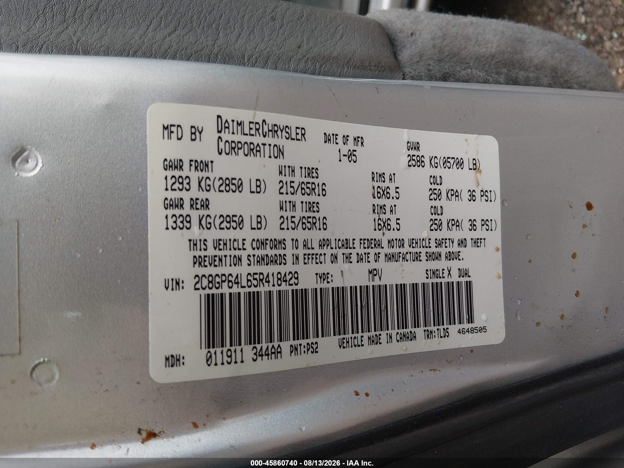 2005 Chrysler Town & Country Limited Silver vin: 2C8GP64L65R418429