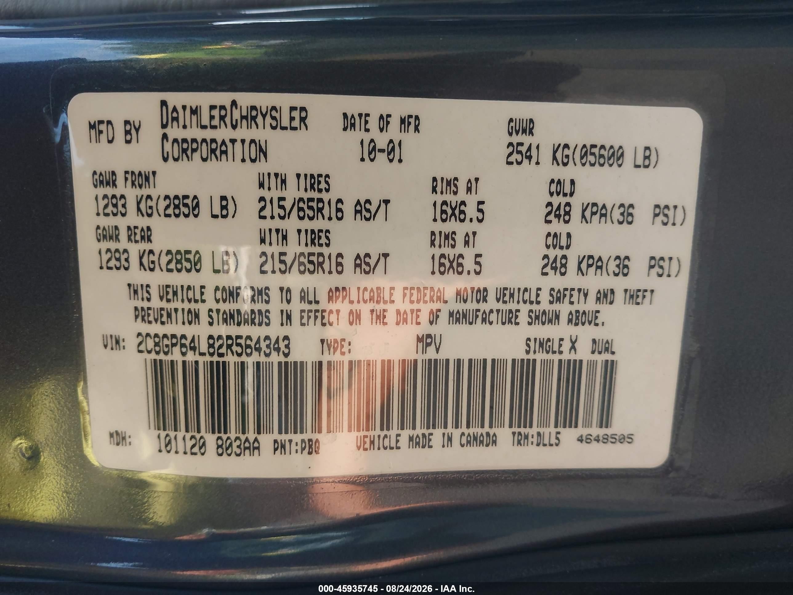 2002 Chrysler Town & Country Limited Blue vin: 2C8GP64L82R564343