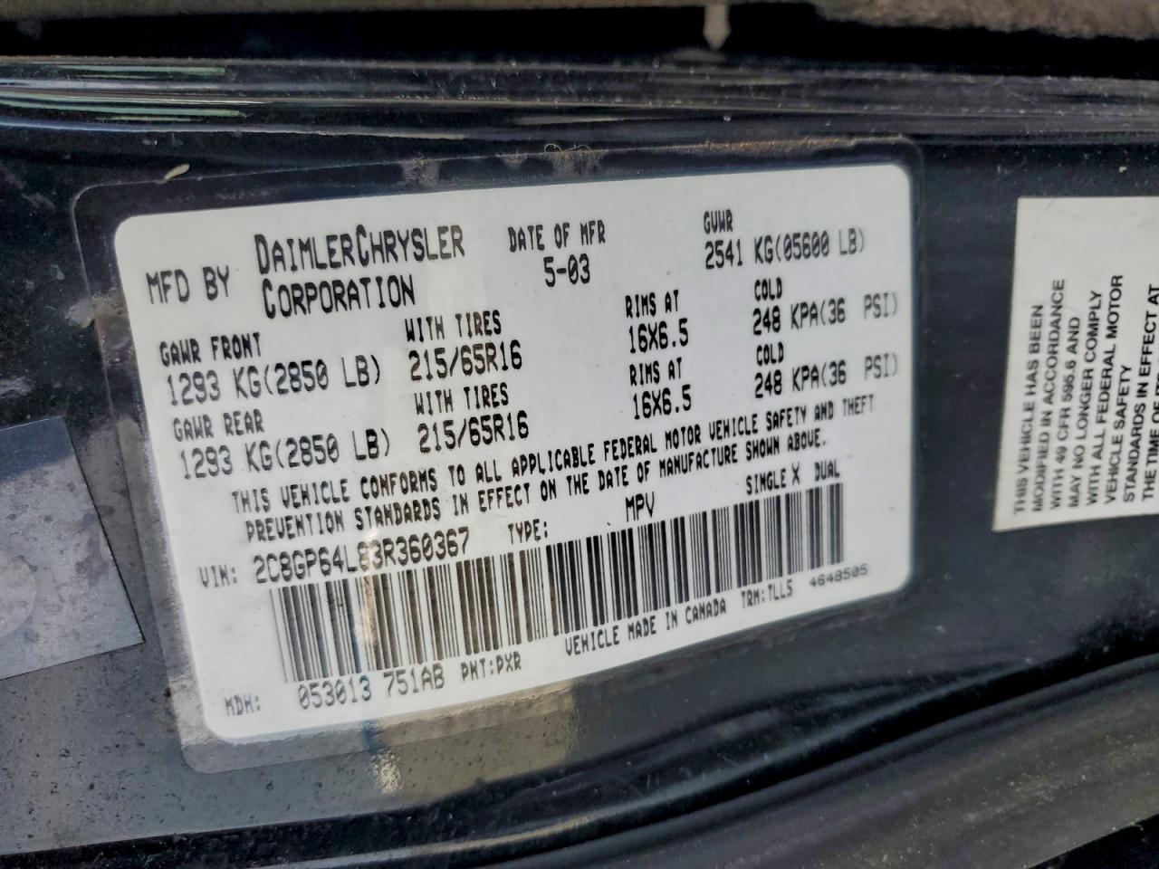 2003 Chrysler Town & Country Limited Black vin: 2C8GP64L83R360367