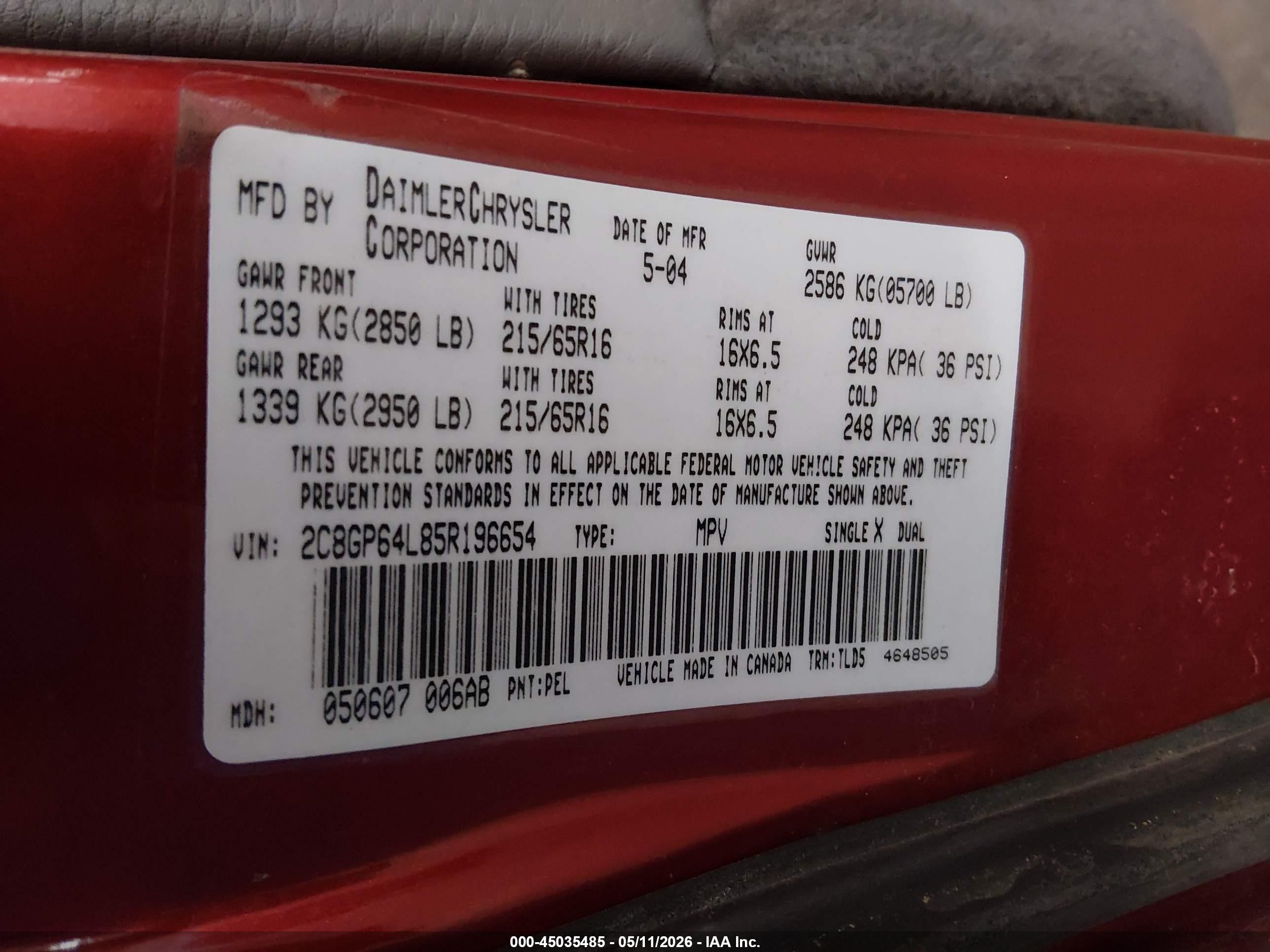 2005 Chrysler Town & Country Limited Красный vin: 2C8GP64L85R196654