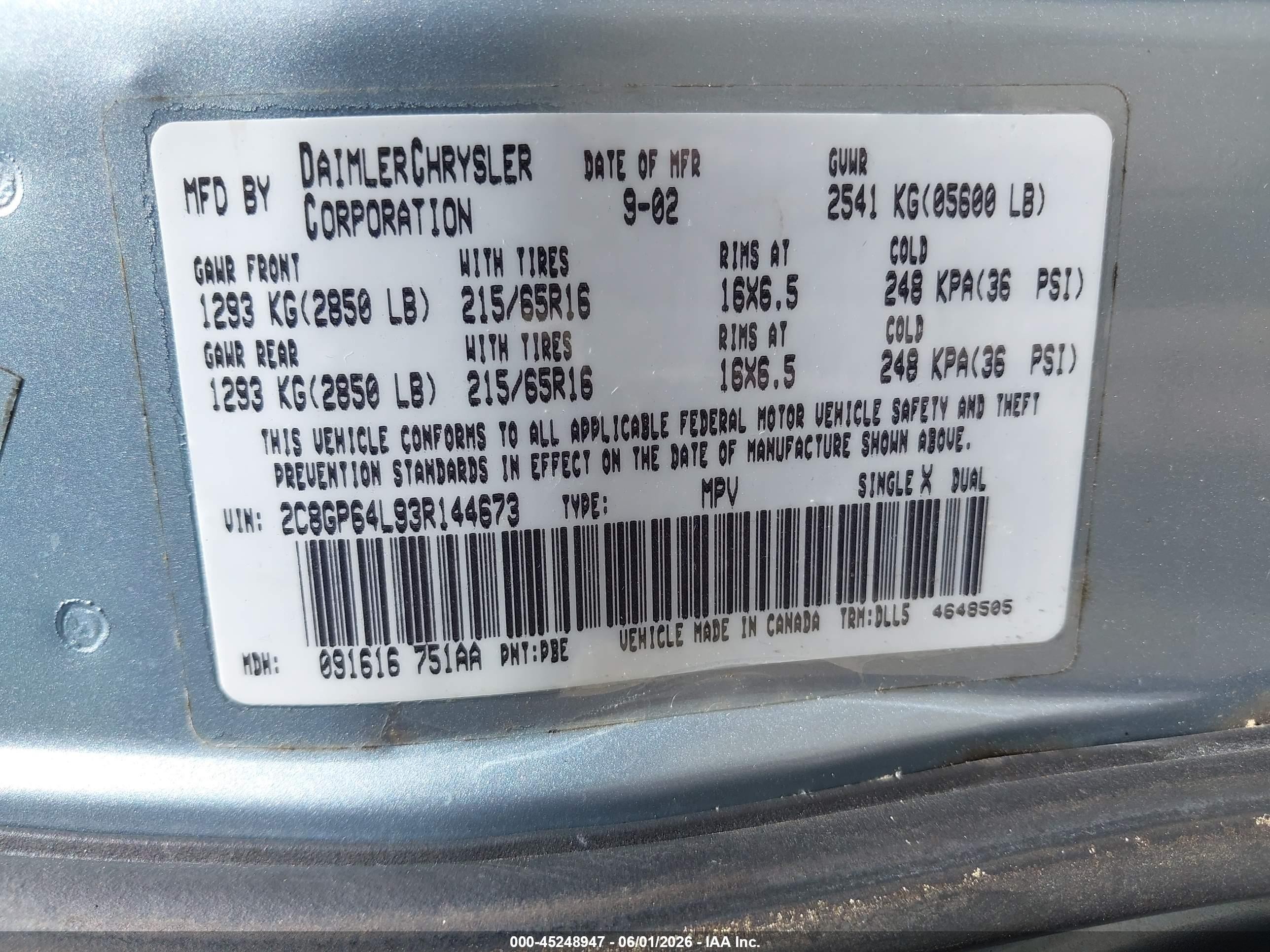 2003 Chrysler Town & Country Limited Light Blue vin: 2C8GP64L93R144673