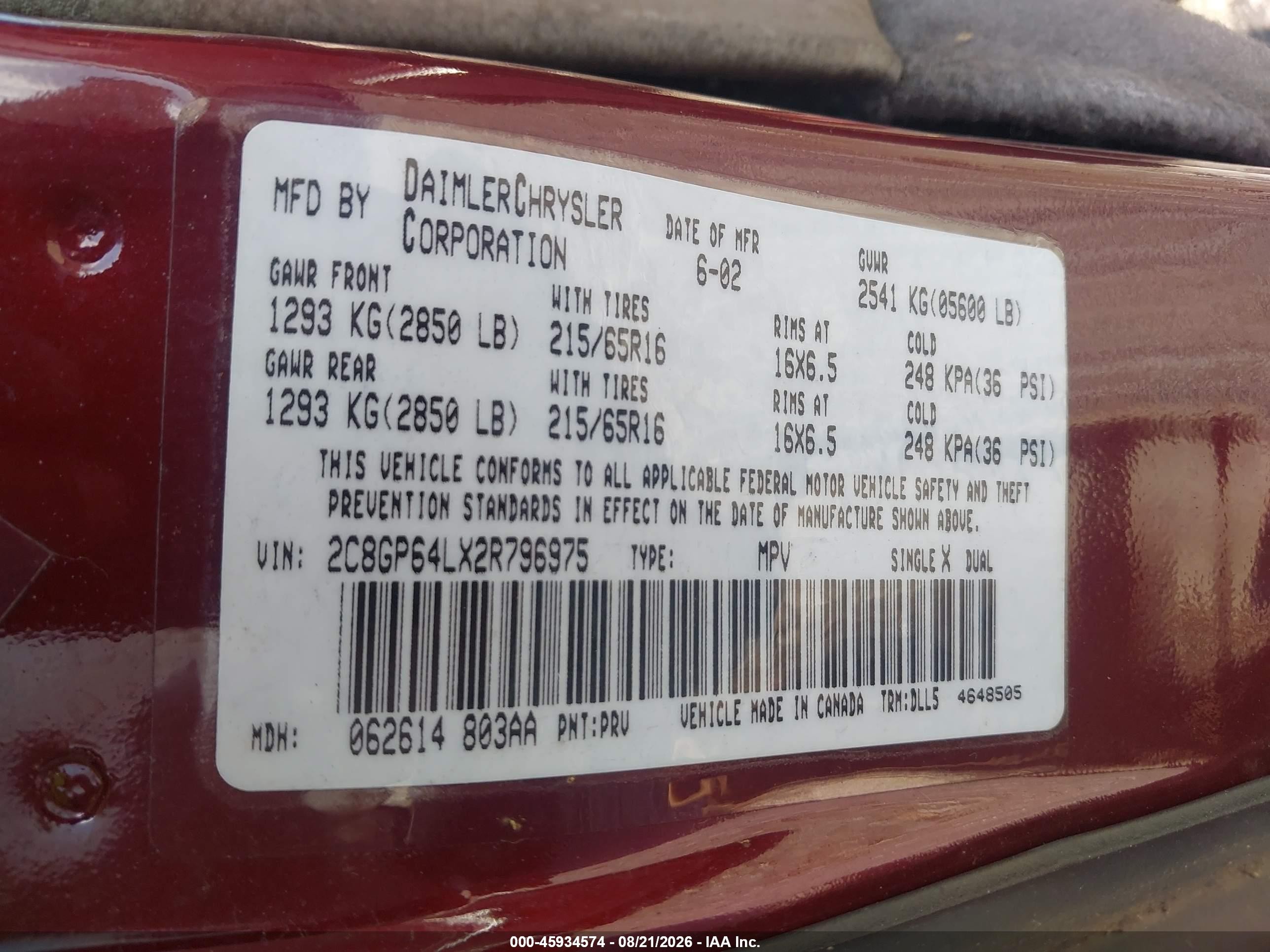 2002 Chrysler Town & Country Limited Red vin: 2C8GP64LX2R796975