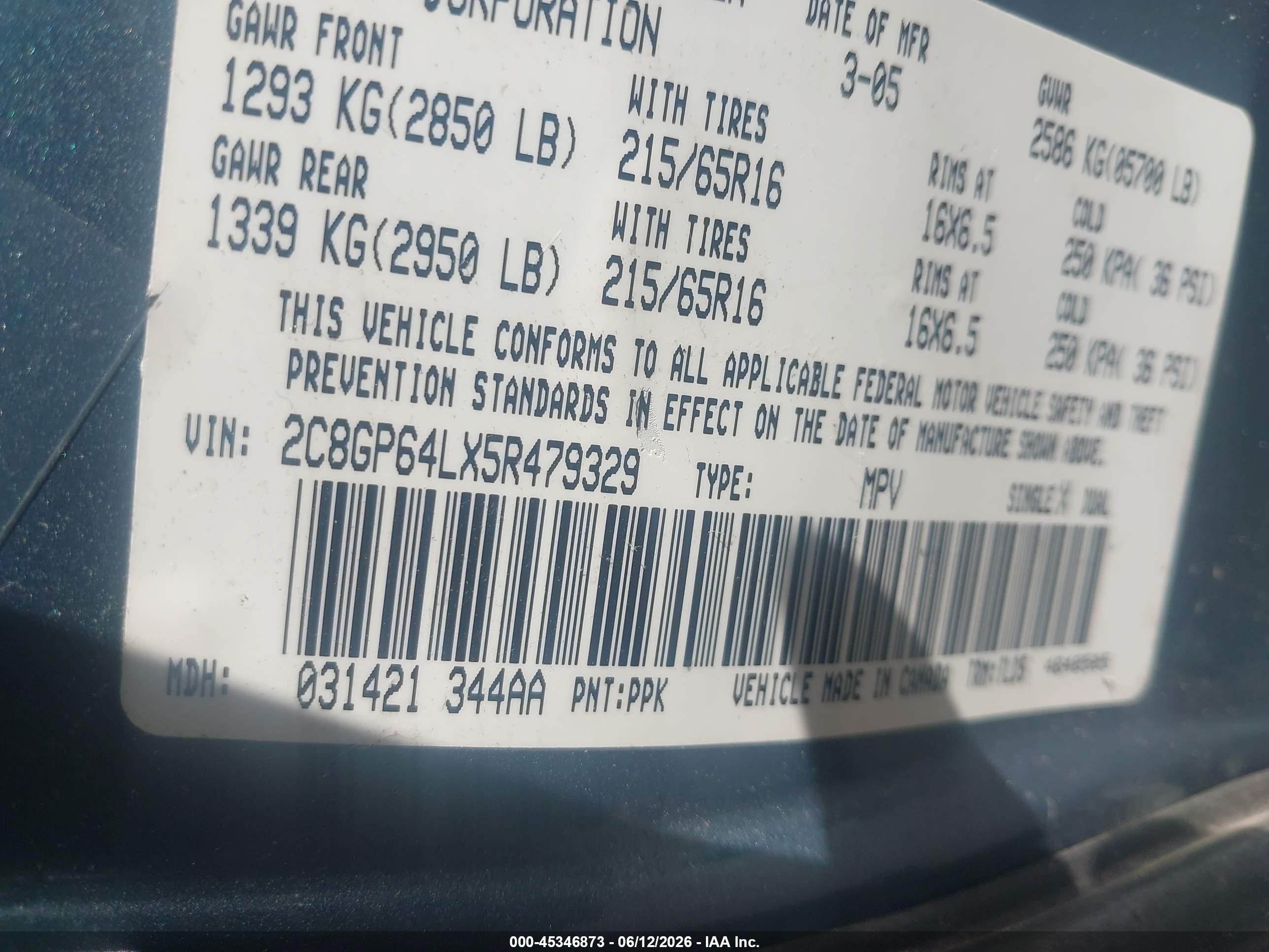 2005 Chrysler Town & Country Limited Green vin: 2C8GP64LX5R479329