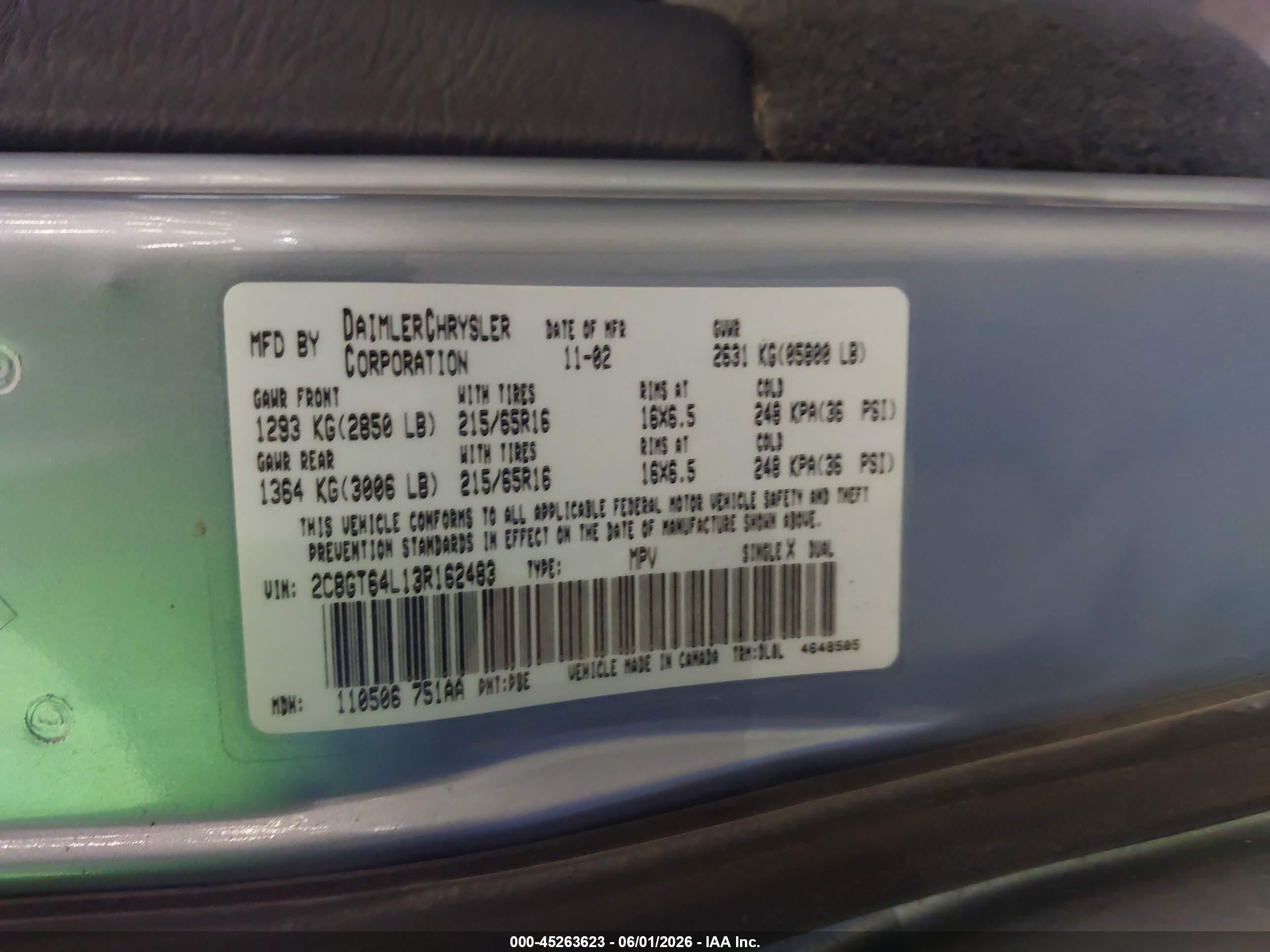 2003 Chrysler Town & Country Limited Blue vin: 2C8GT64L13R162483