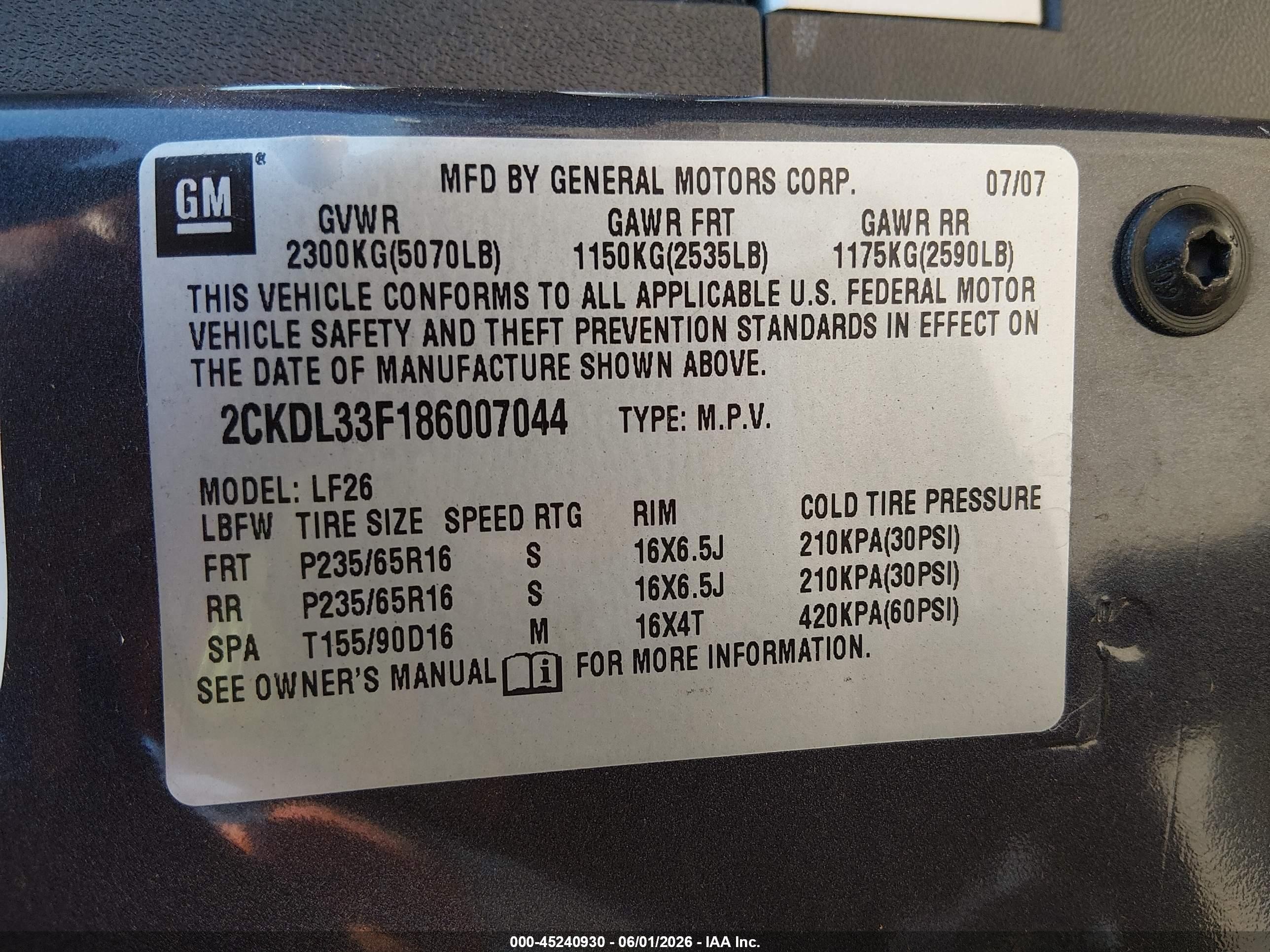 2008 Pontiac Torrent   Gray vin: 2CKDL33F186007044