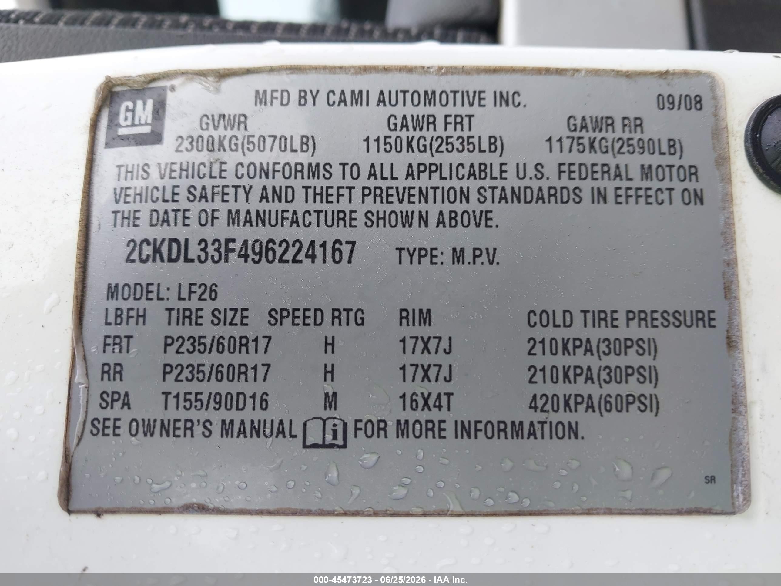 2009 Pontiac Torrent   White vin: 2CKDL33F496224167