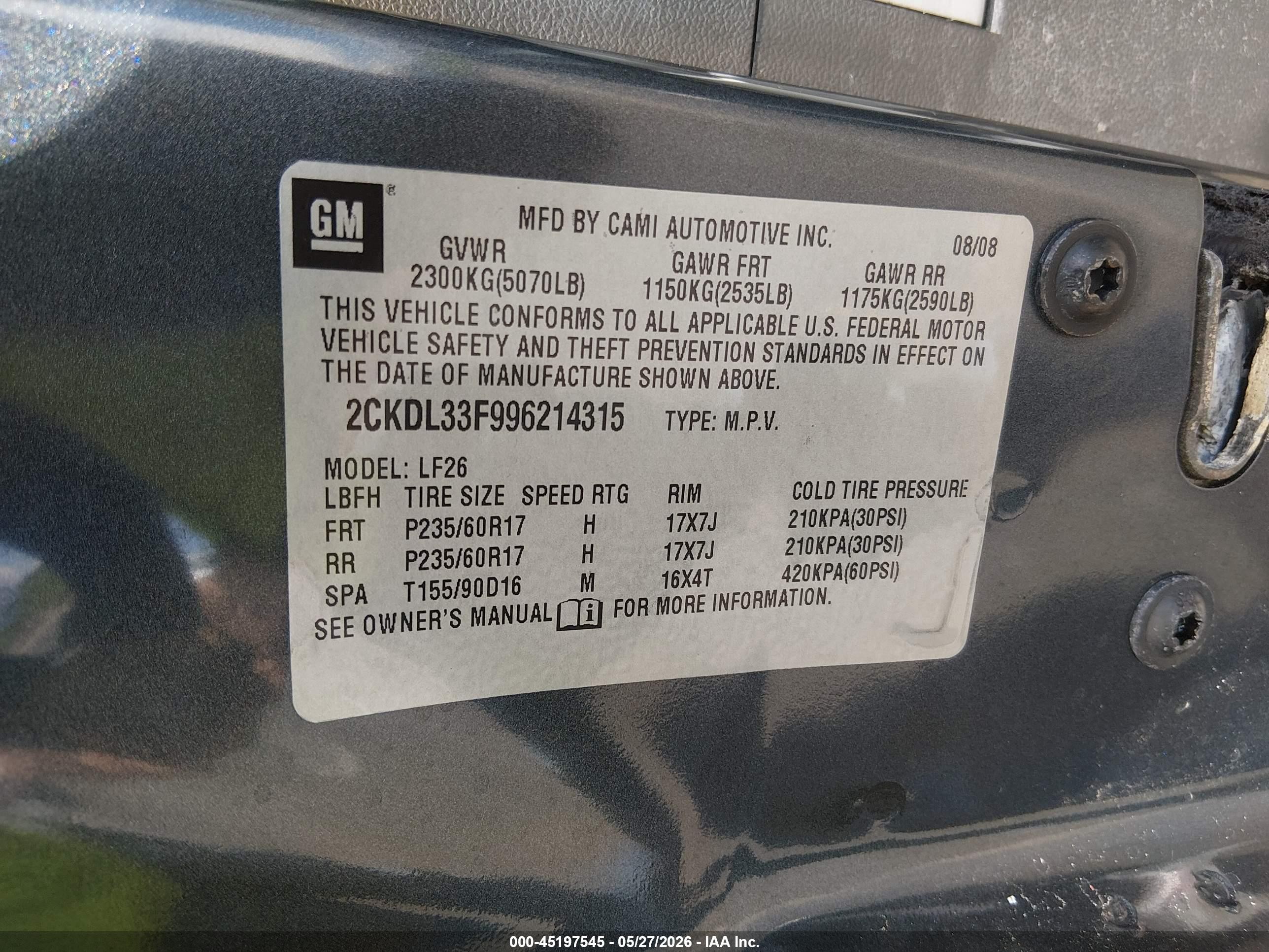 2009 Pontiac Torrent   Gray vin: 2CKDL33F996214315