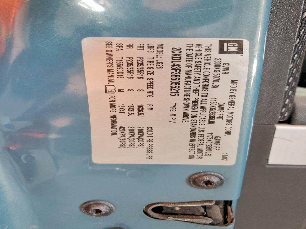 2008 Pontiac Torrent Blue vin: 2CKDL43F386055215
