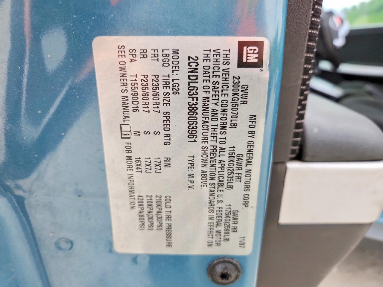 2008 Pontiac Torrent Blue vin: 2CKDL43F586039727