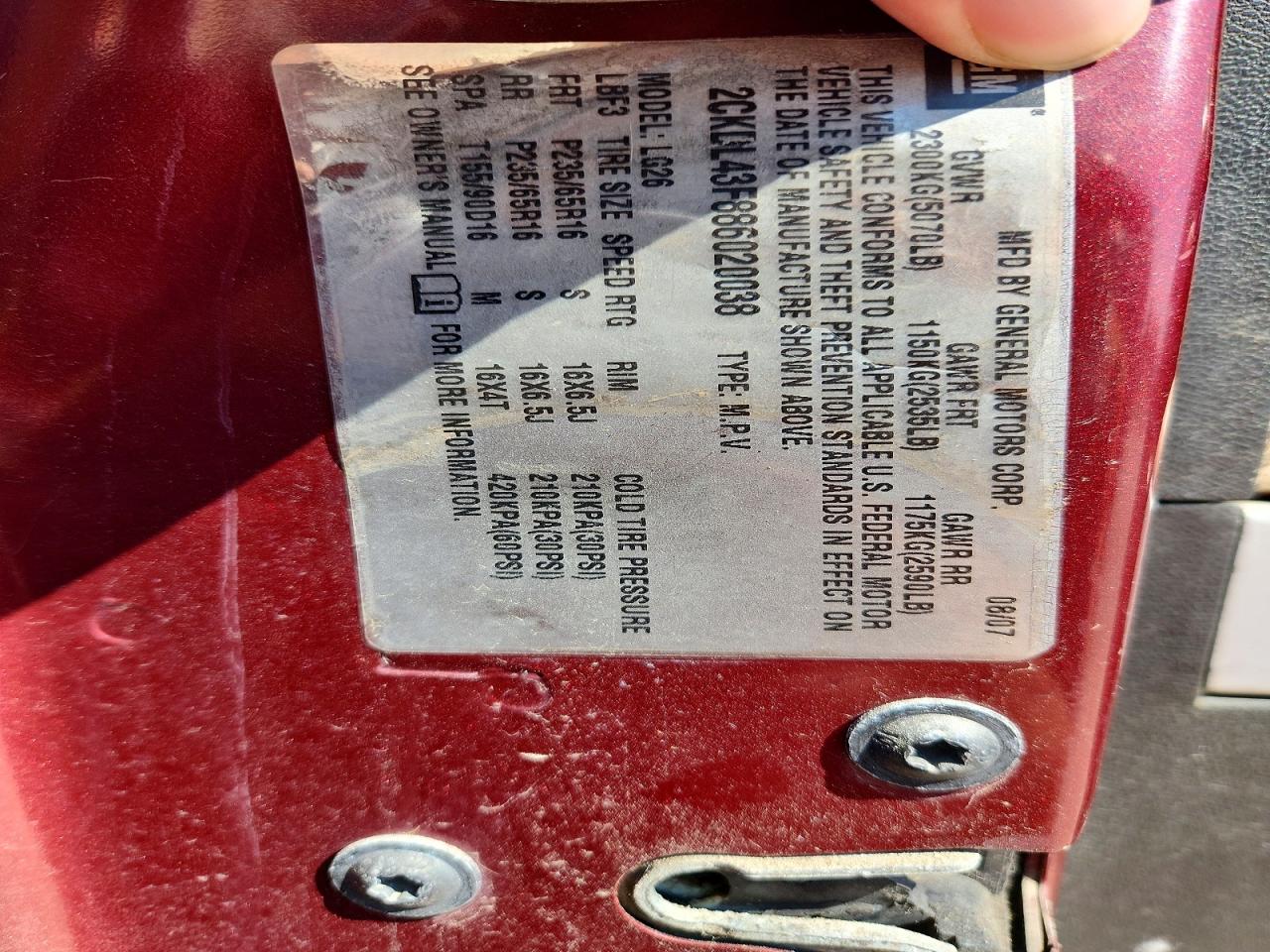 2008 Pontiac Torrent Crimson vin: 2CKDL43F886020038