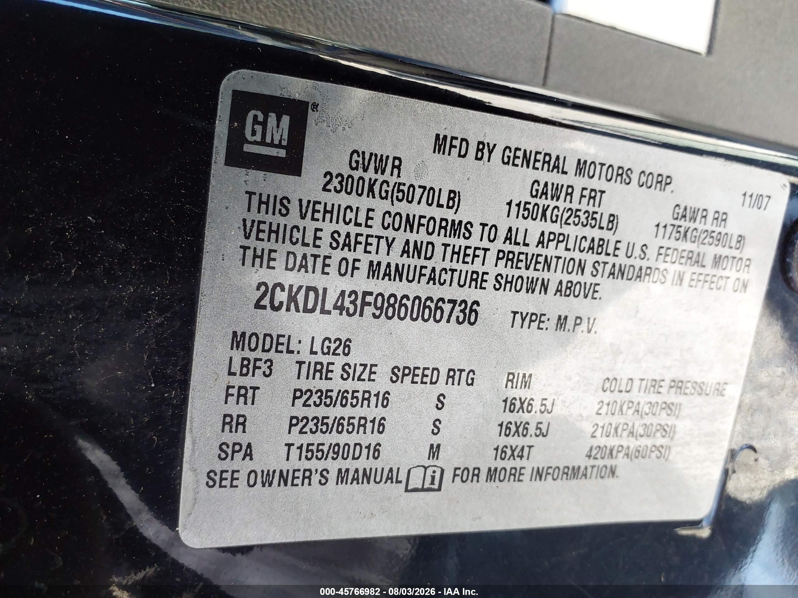 2008 Pontiac Torrent   Черный vin: 2CKDL43F986066736