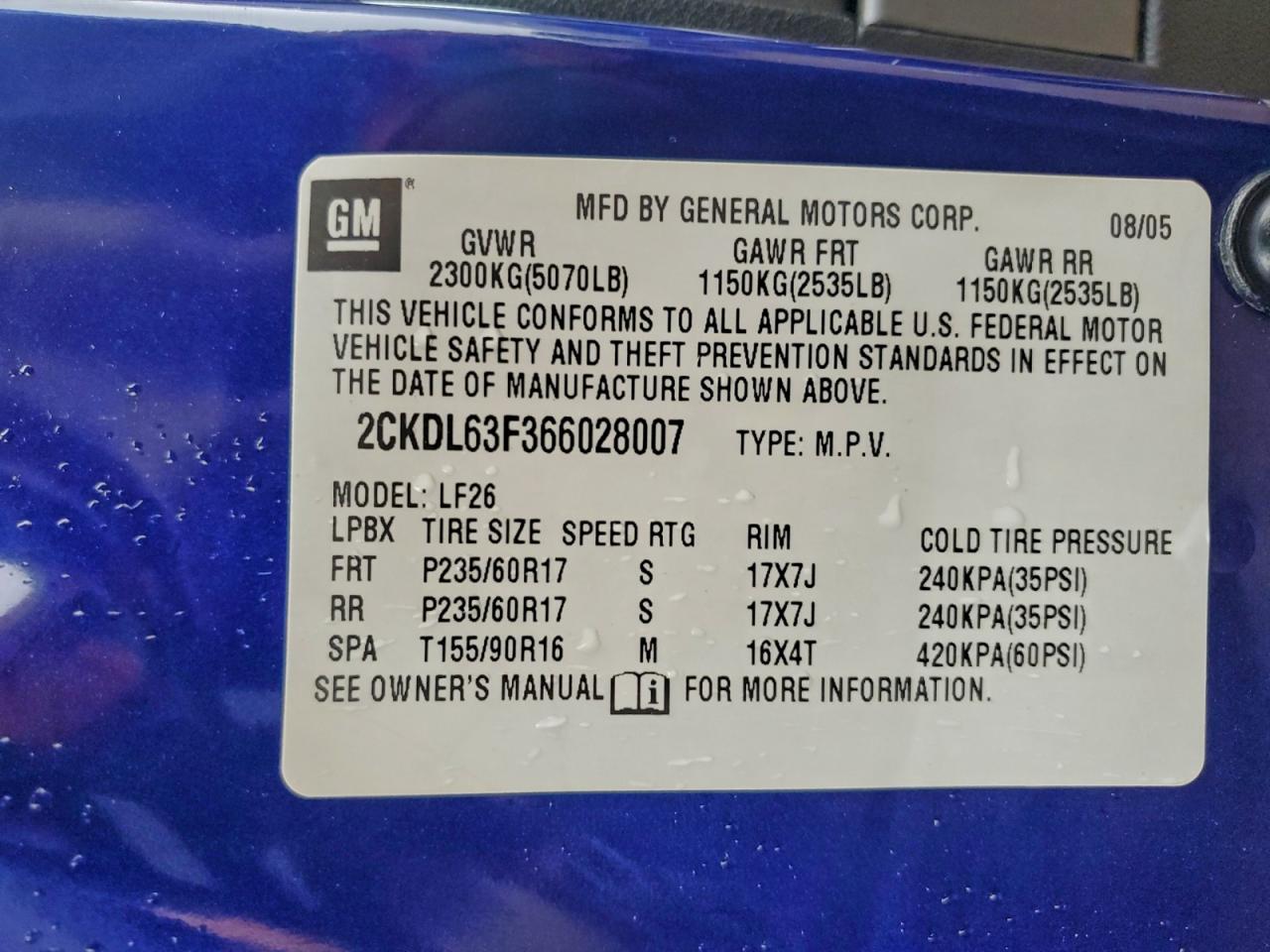 2006 Pontiac Torrent Blue vin: 2CKDL63F366028007