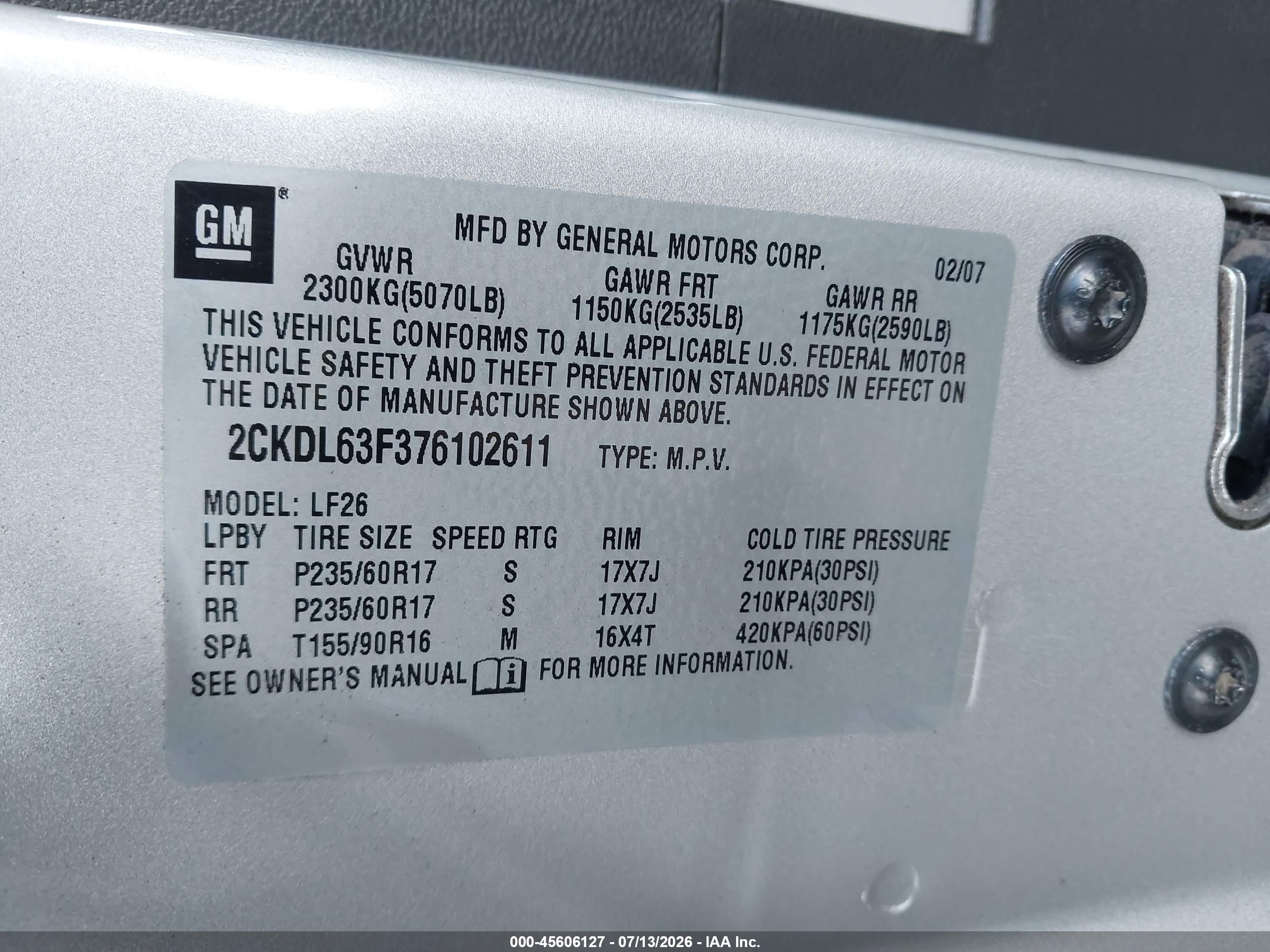 2007 Pontiac Torrent   Silver vin: 2CKDL63F376102611