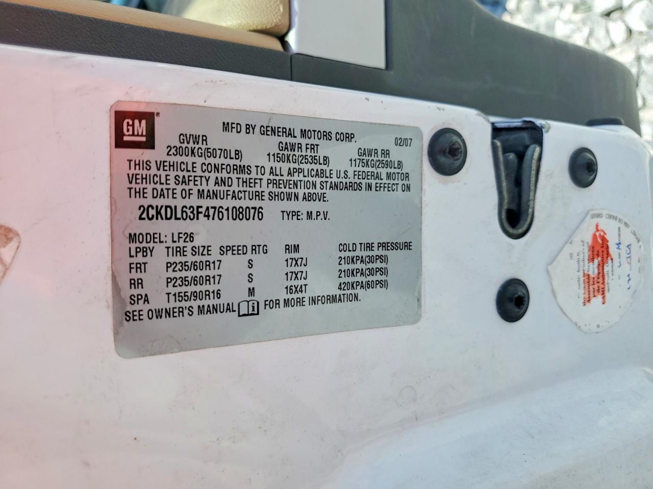 2007 Pontiac Torrent White vin: 2CKDL63F476108076