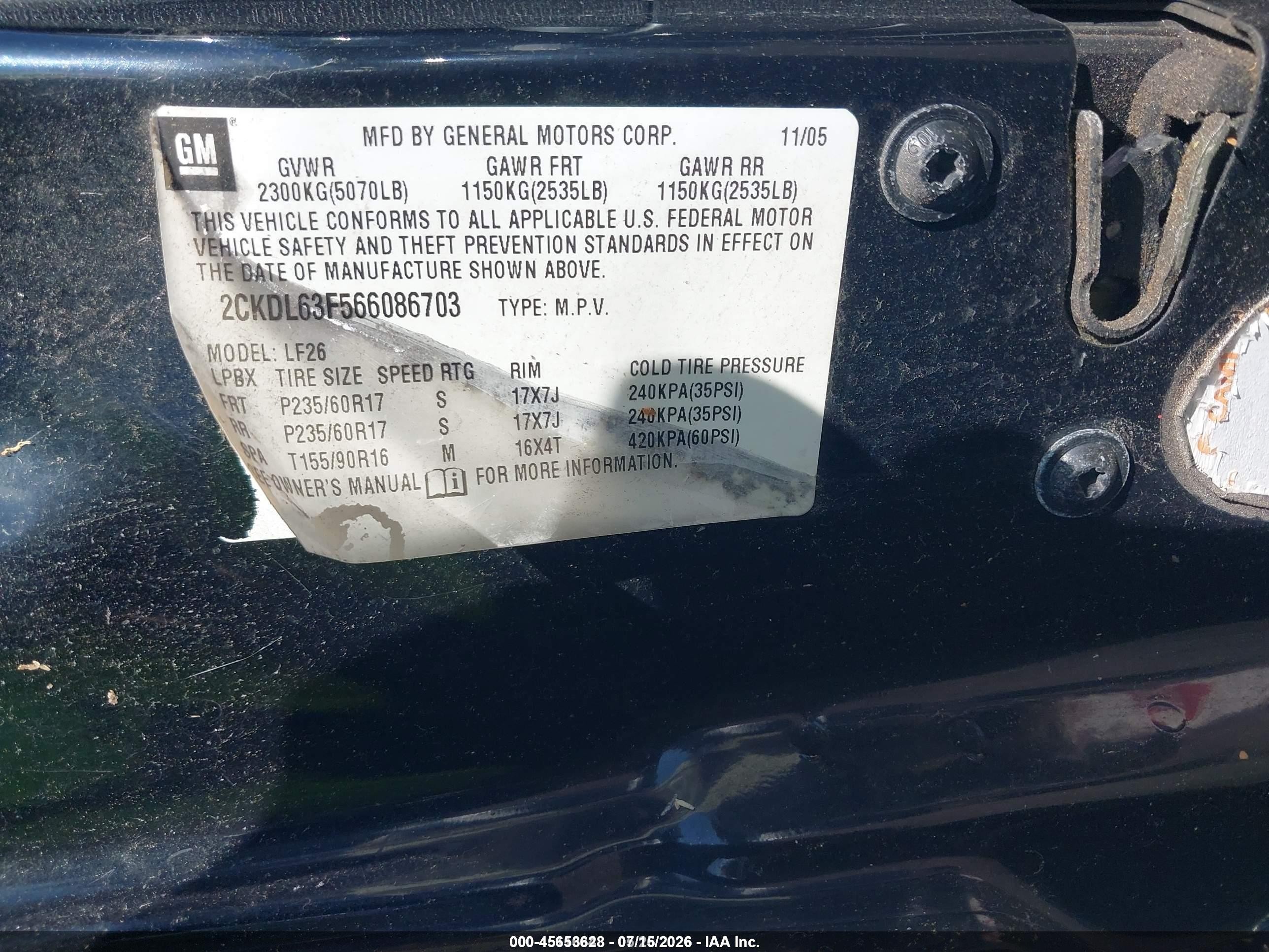 2006 Pontiac Torrent   Black vin: 2CKDL63F566086703
