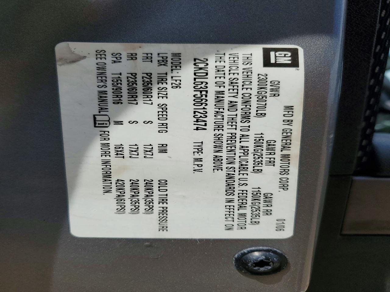 2006 Pontiac Torrent Gray vin: 2CKDL63F566123474