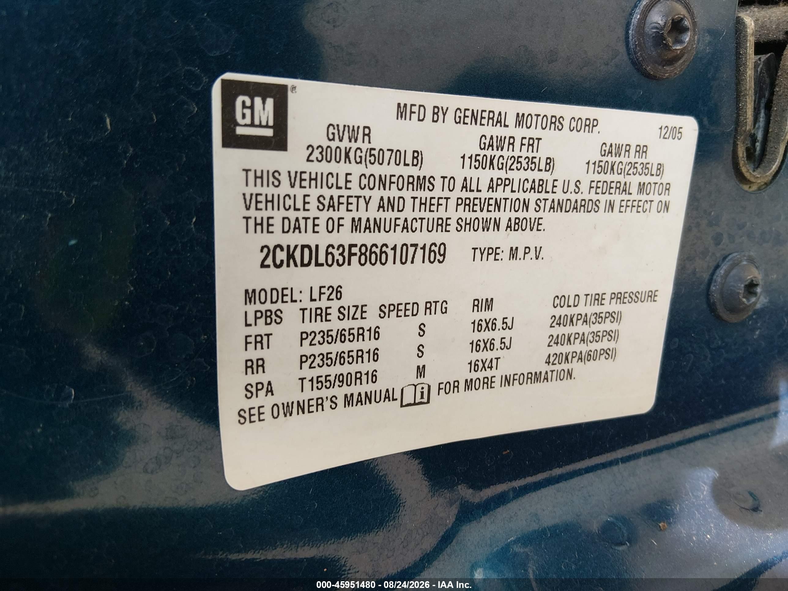 2006 Pontiac Torrent   Зеленый vin: 2CKDL63F866107169