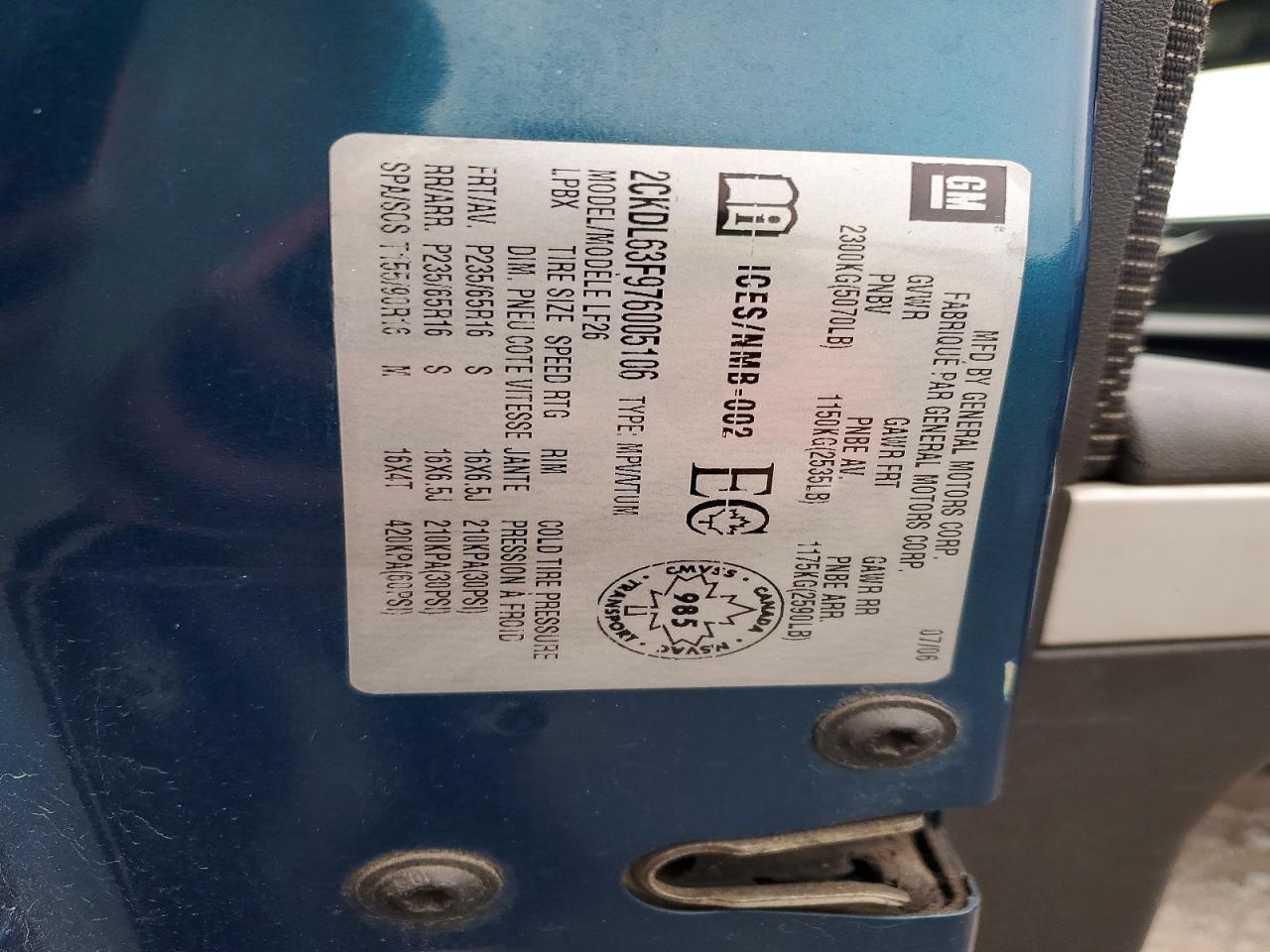 2007 Pontiac Torrent Blue vin: 2CKDL63F976005106