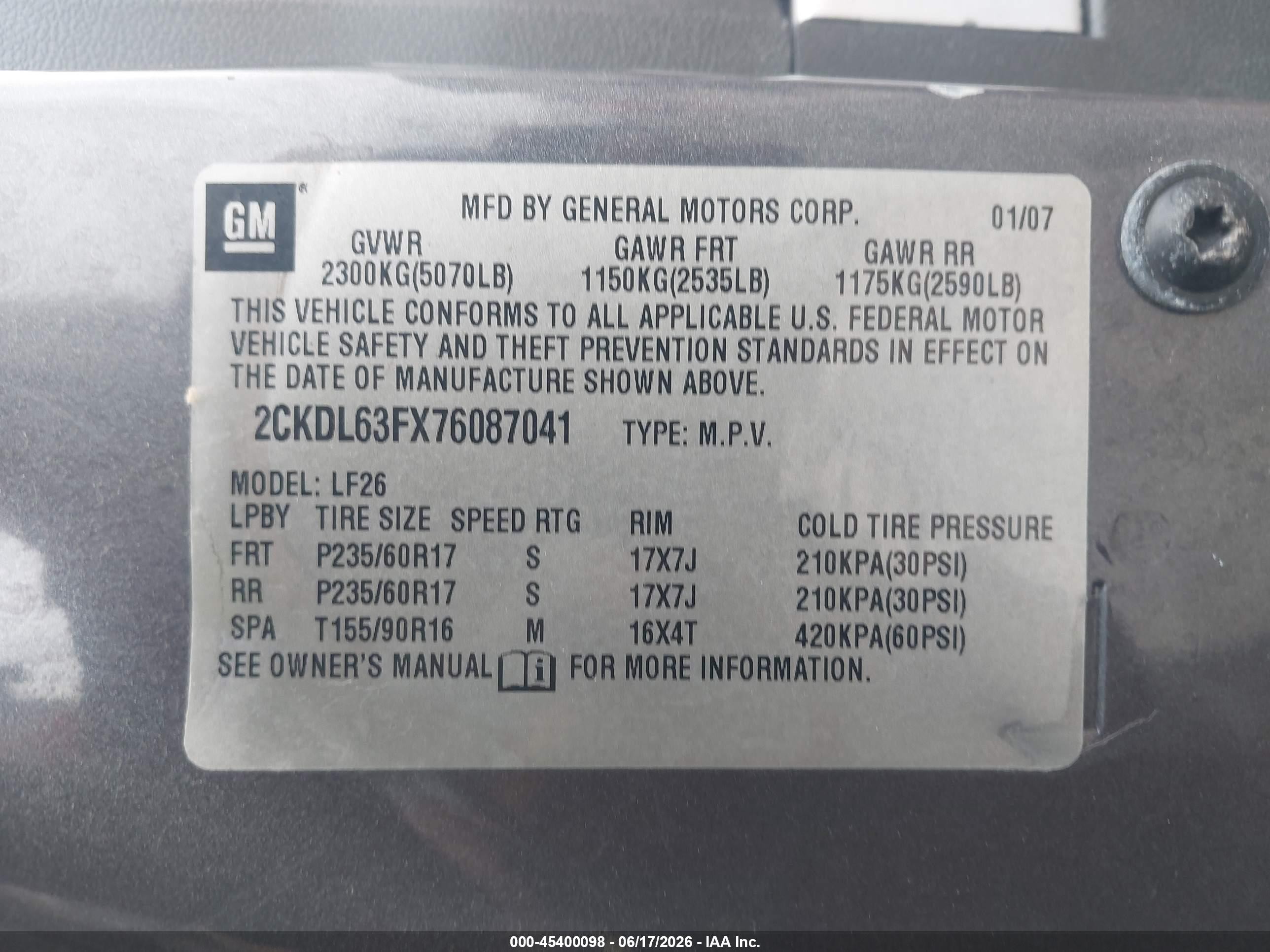 2007 Pontiac Torrent   Gray vin: 2CKDL63FX76087041