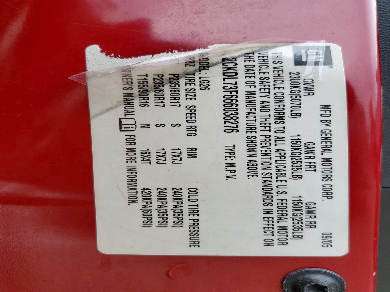 2006 Pontiac Torrent Красный vin: 2CKDL73F666038276
