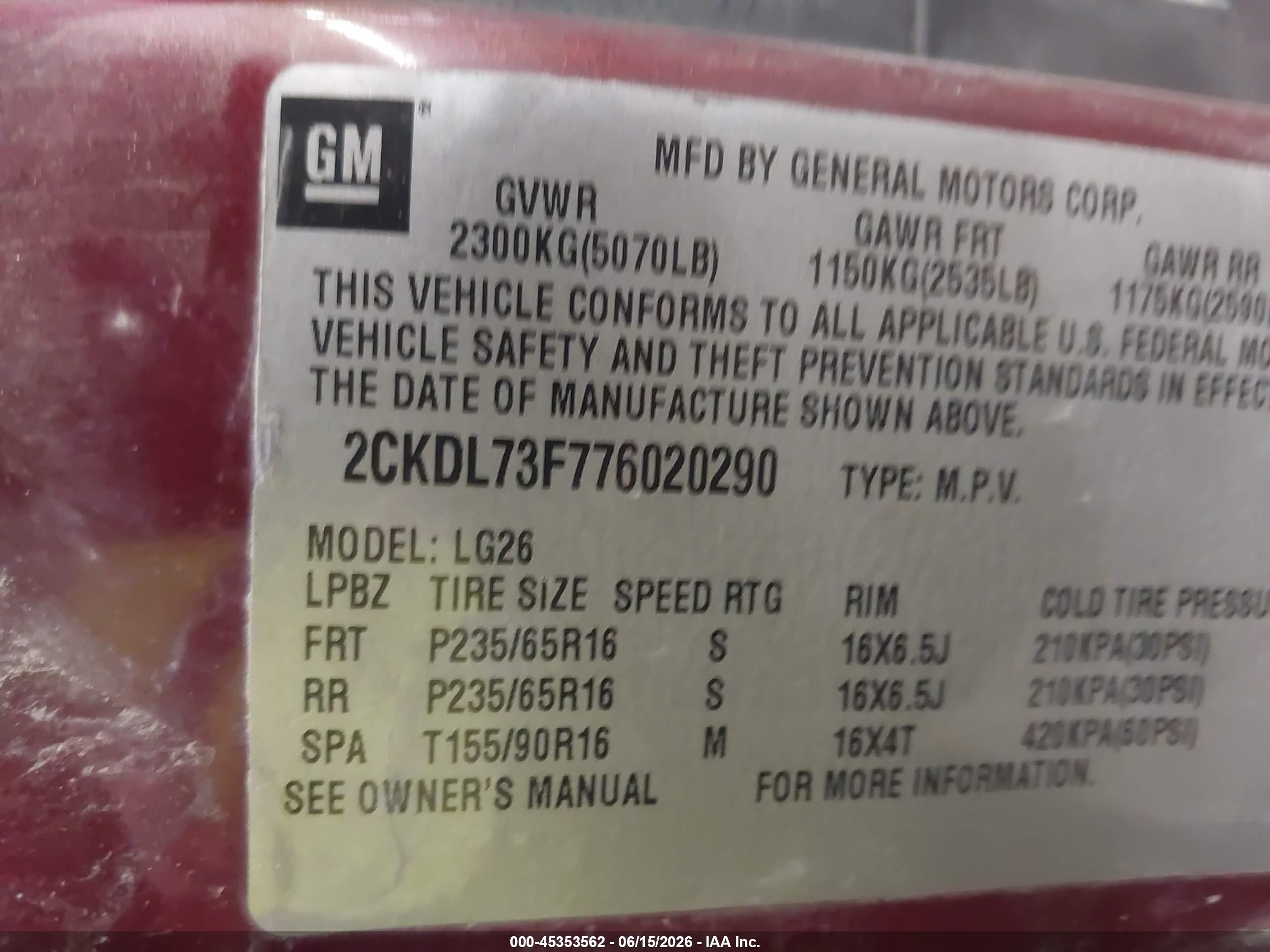 2007 Pontiac Torrent   Red vin: 2CKDL73F776020290