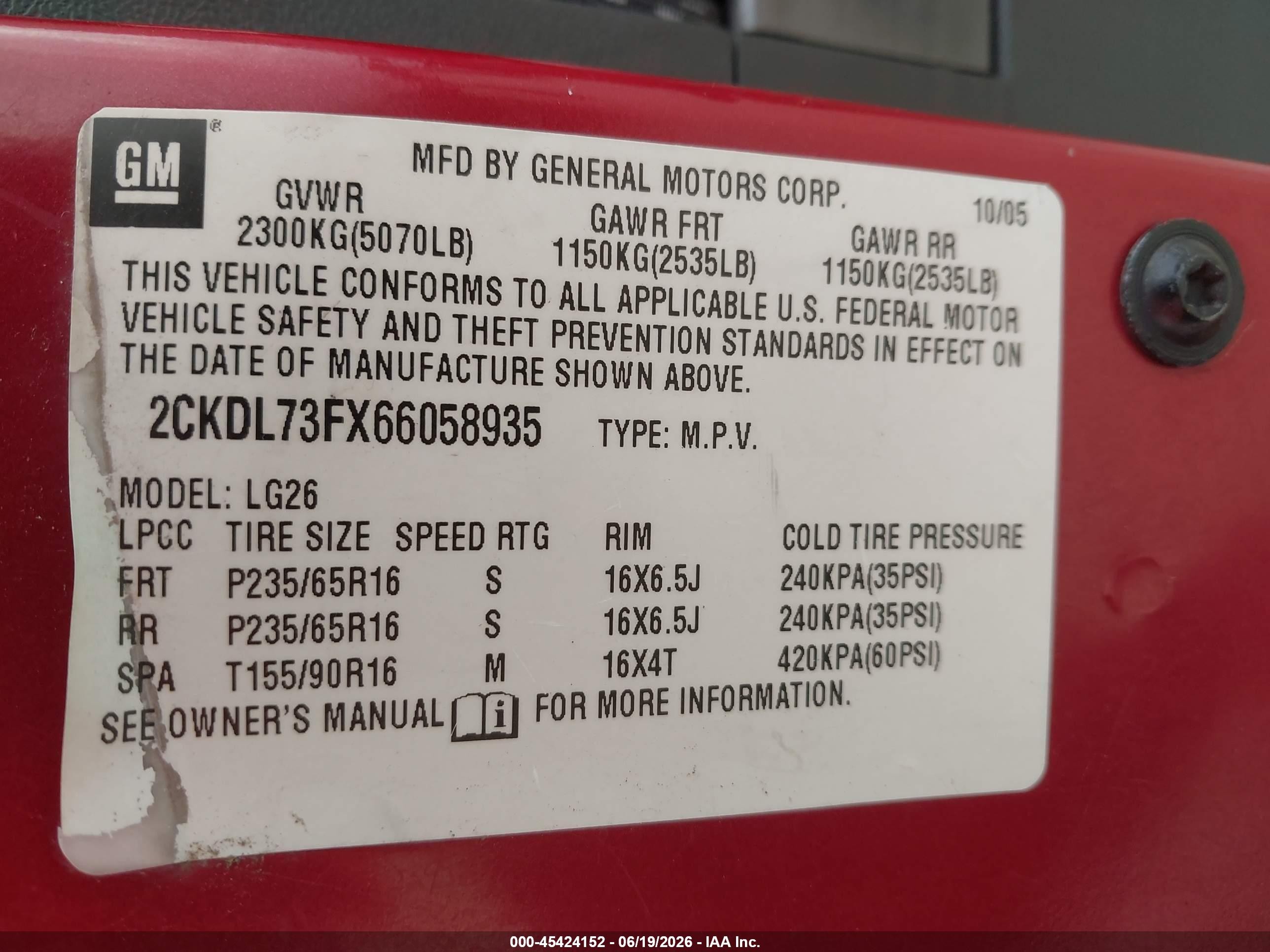 2006 Pontiac Torrent Red vin: 2CKDL73FX66058935