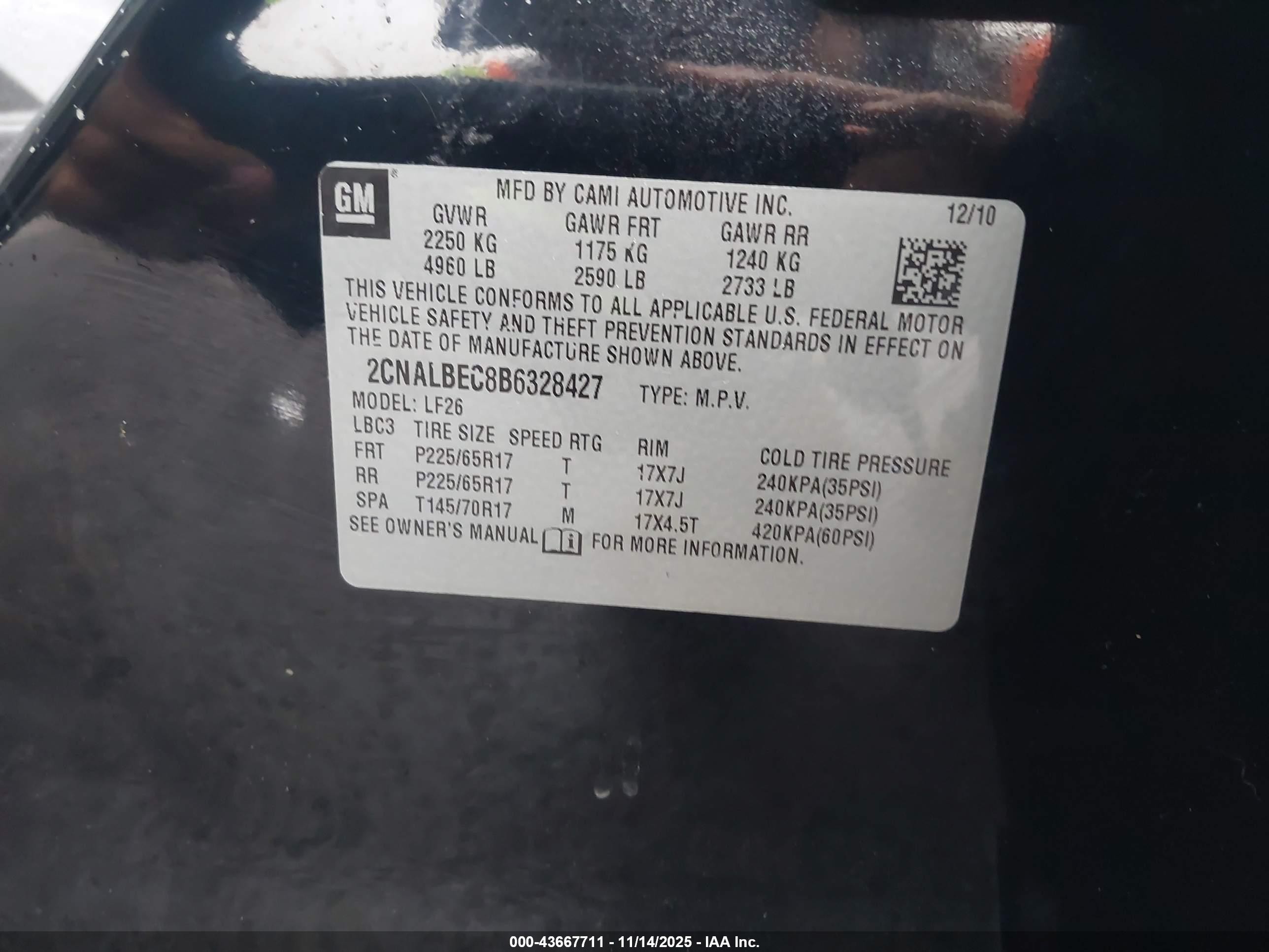 2011 Chevrolet Equinox Ls Black vin: 2CNALBEC8B6328427