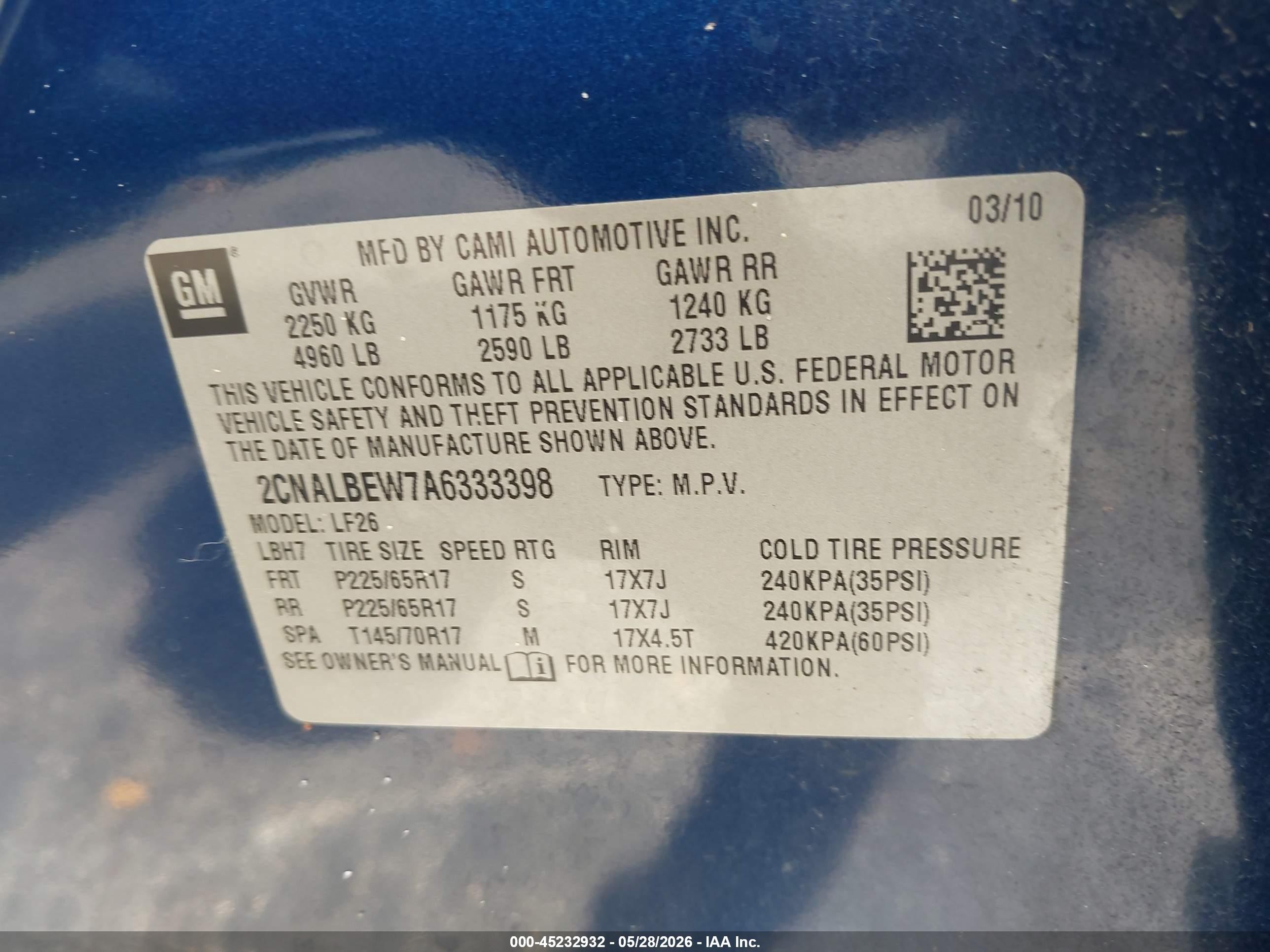 2010 Chevrolet Equinox Ls Blue vin: 2CNALBEW7A6333398
