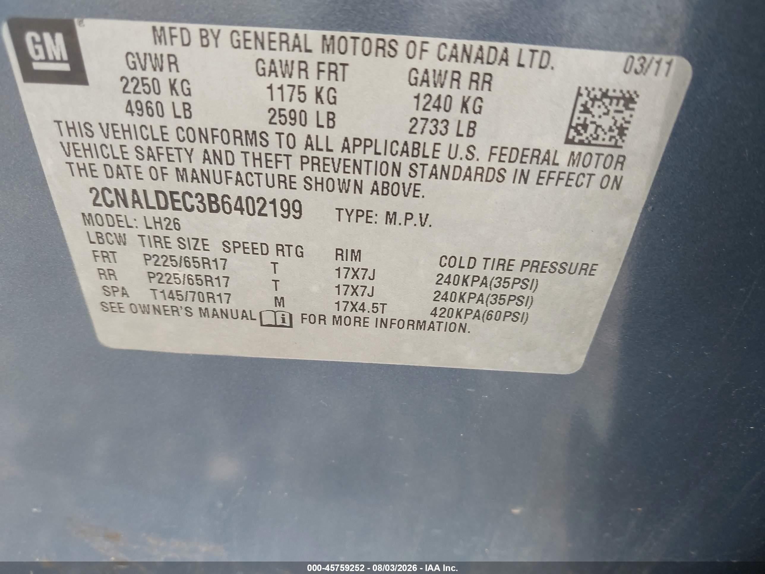 2011 Chevrolet Equinox Lt W/1lt Blue vin: 2CNALDEC3B6402199