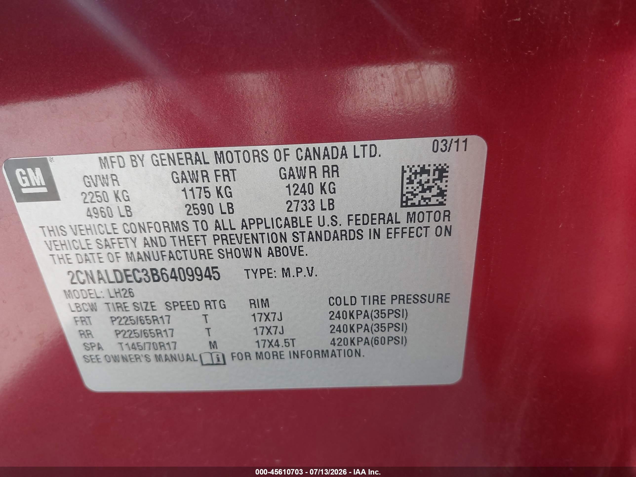 2011 Chevrolet Equinox Lt W/1lt Red vin: 2CNALDEC3B6409945