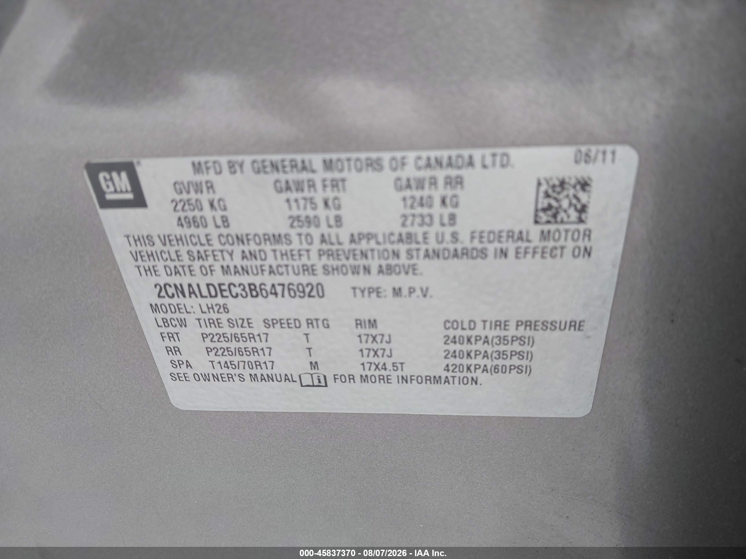 2011 Chevrolet Equinox Lt W/1lt Gray vin: 2CNALDEC3B6476920