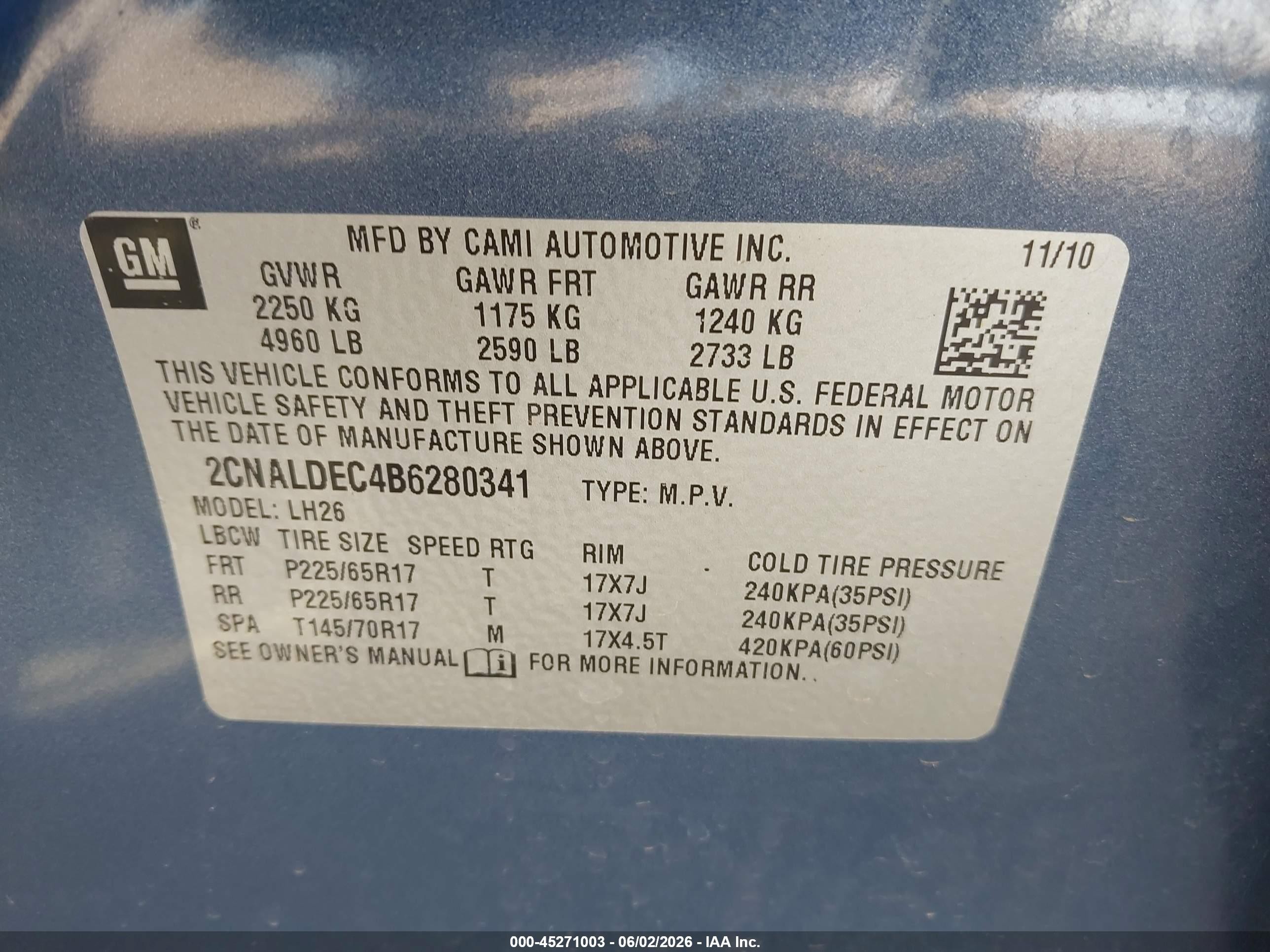 2011 Chevrolet Equinox 1lt Blue vin: 2CNALDEC4B6280341