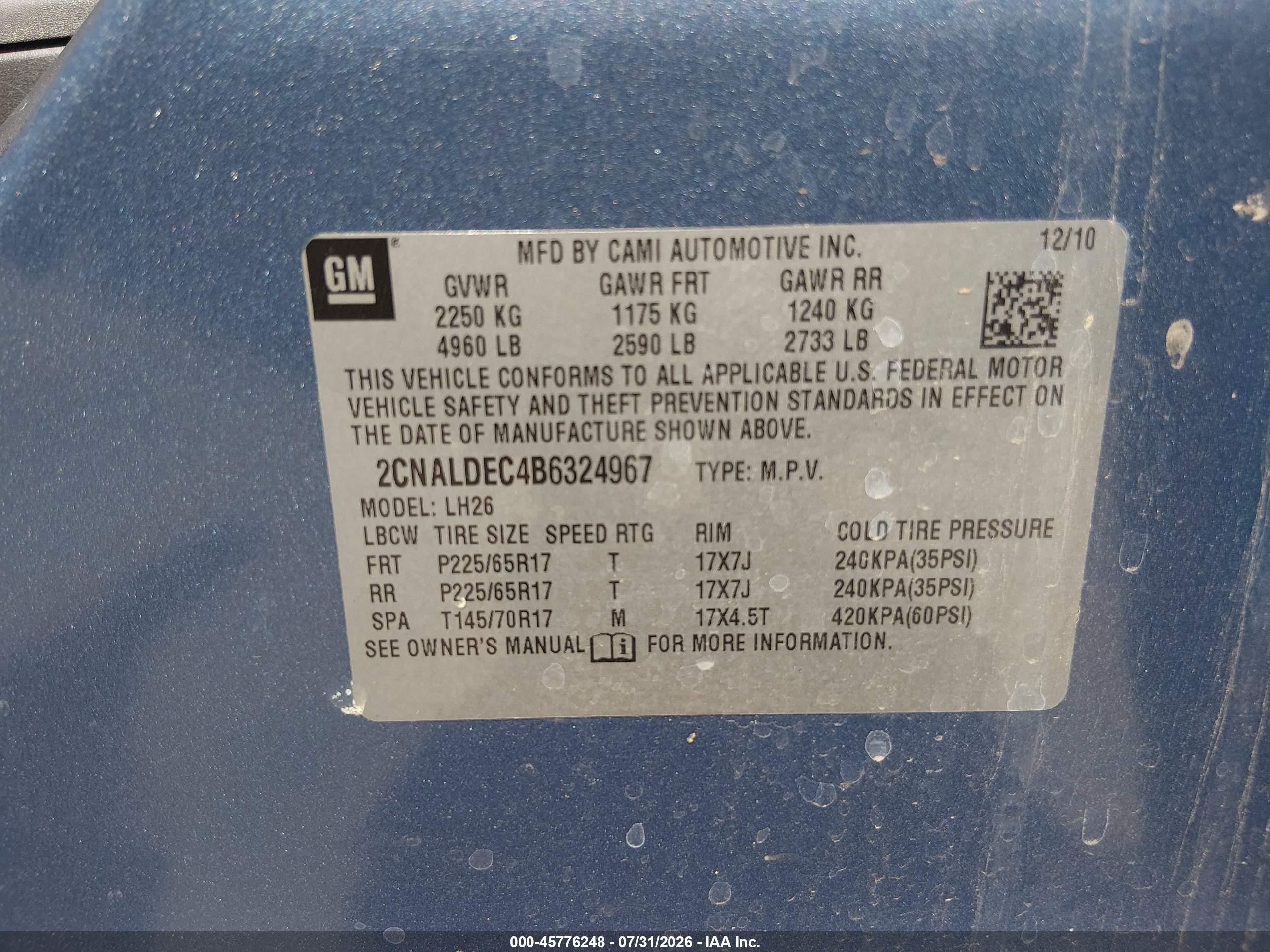 2011 Chevrolet Equinox Lt W/1lt Синий vin: 2CNALDEC4B6324967