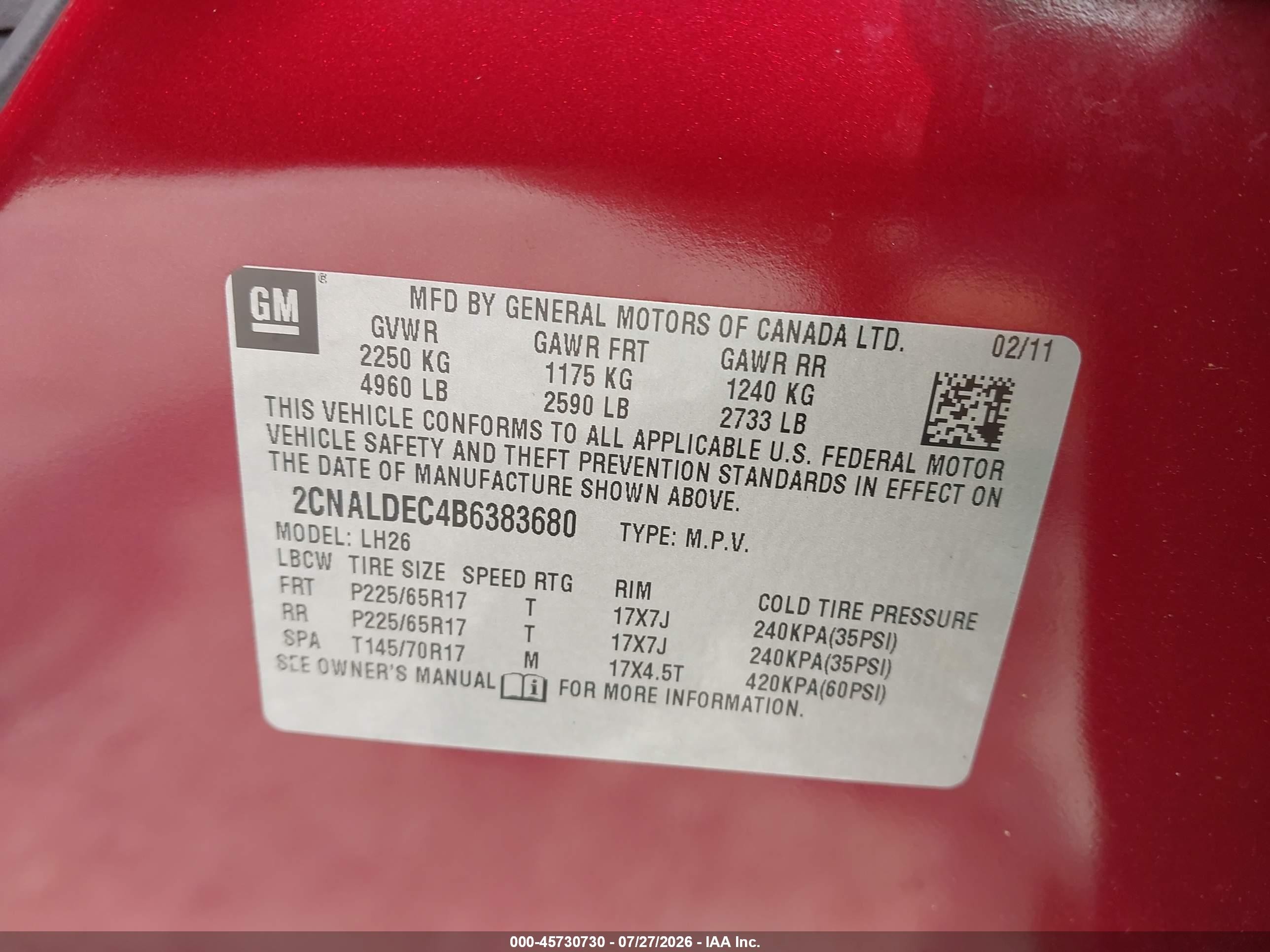 2011 Chevrolet Equinox Lt W/1lt Red vin: 2CNALDEC4B6383680