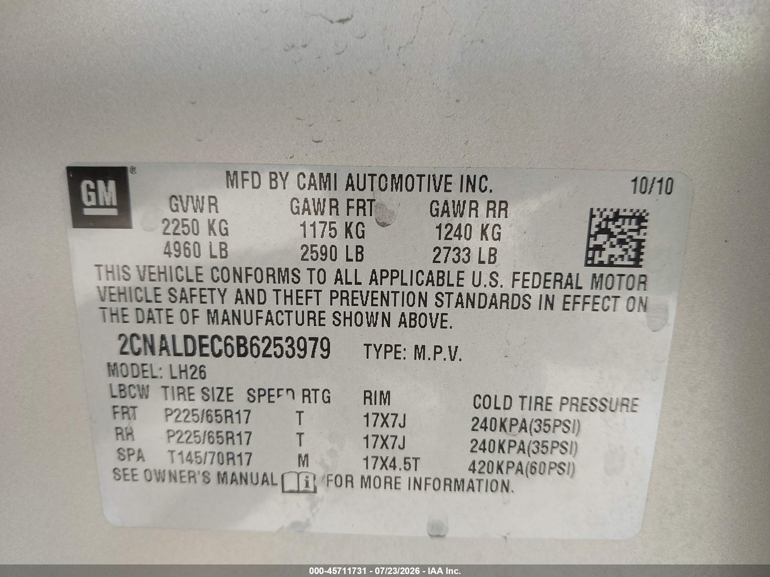 2011 Chevrolet Equinox Lt W/1lt Бежевый vin: 2CNALDEC6B6253979