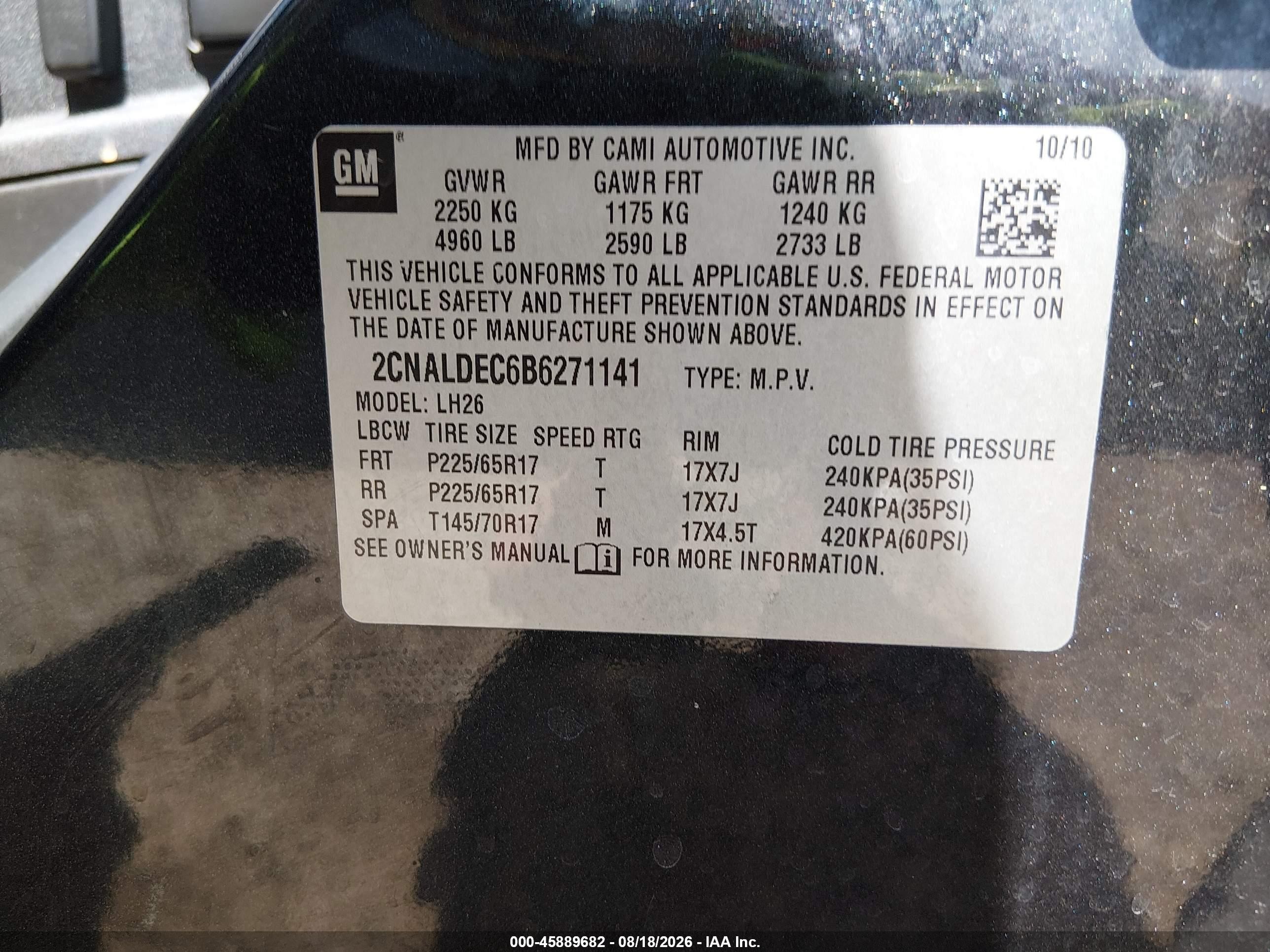 2011 Chevrolet Equinox Lt W/1lt Черный vin: 2CNALDEC6B6271141