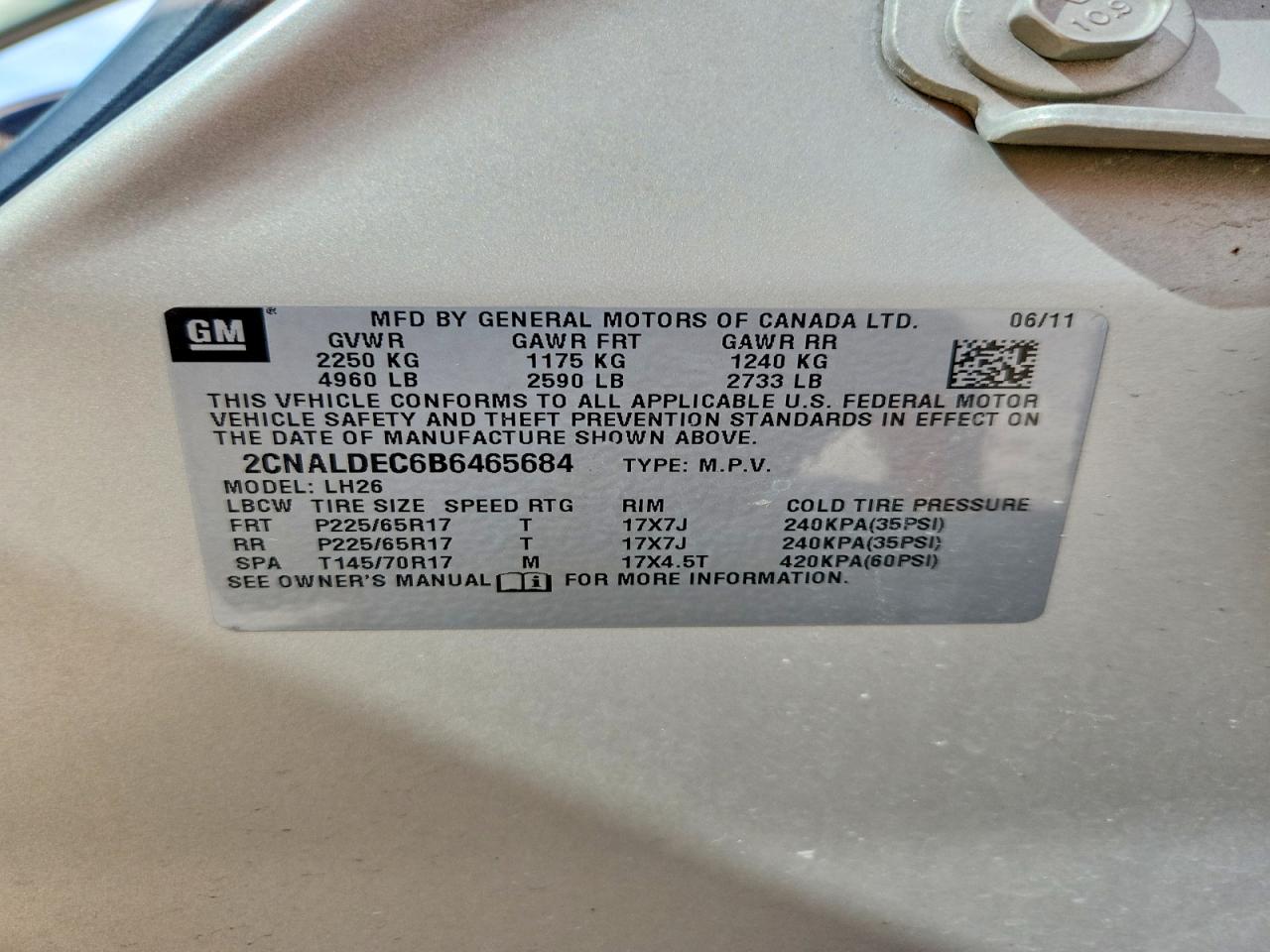2011 Chevrolet Equinox Lt Tan vin: 2CNALDEC6B6465684