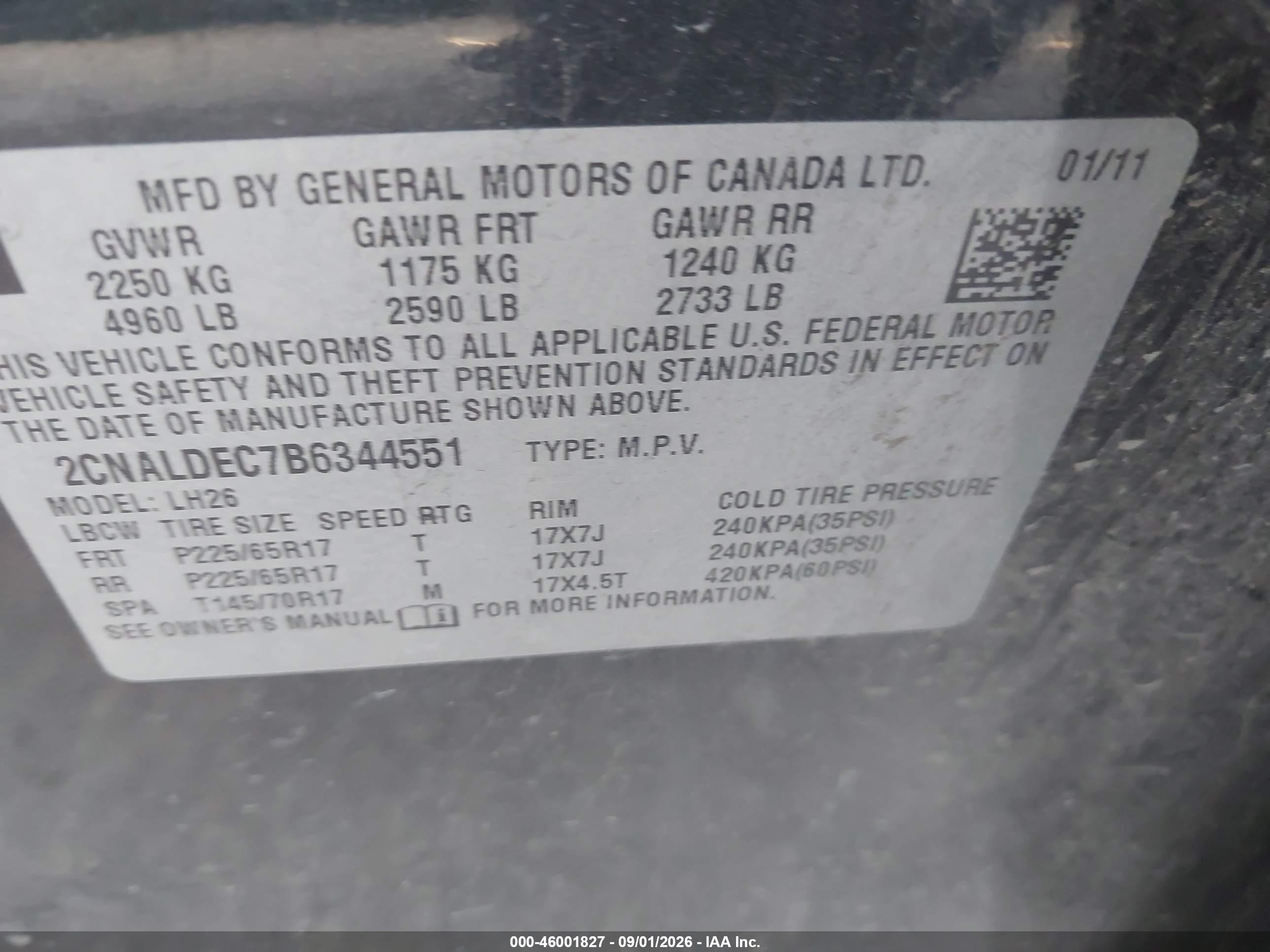 2011 Chevrolet Equinox 1lt Black vin: 2CNALDEC7B6344551