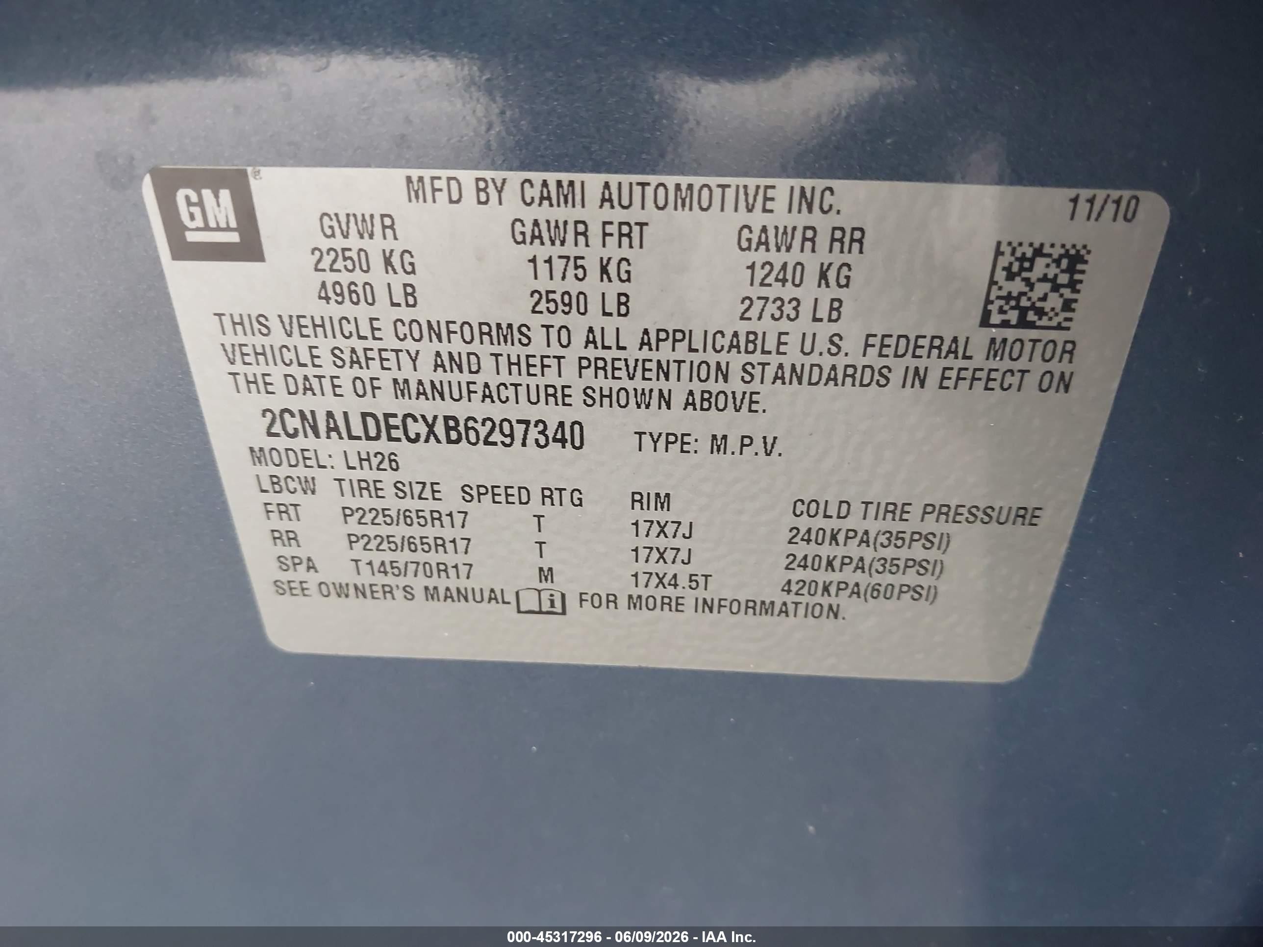 2011 Chevrolet Equinox 1lt Blue vin: 2CNALDECXB6297340