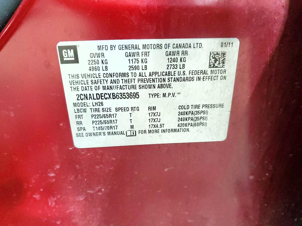 2011 Chevrolet Equinox Lt Red vin: 2CNALDECXB6353695