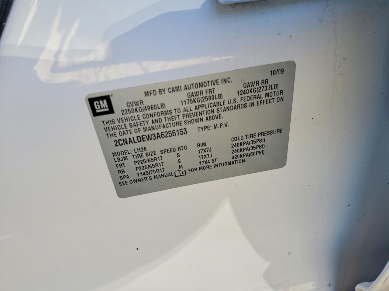 2010 Chev Equinox Lt White vin: 2CNALDEW3A6256153