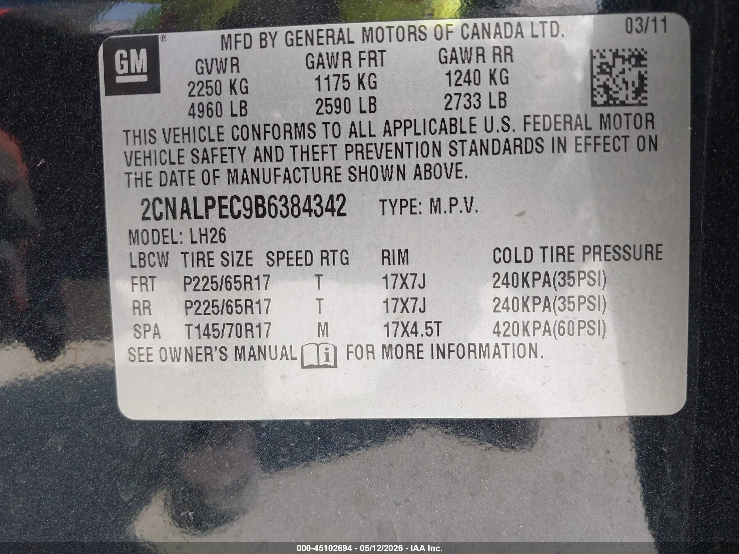 2011 Chevrolet Equinox 2lt Black vin: 2CNALPEC9B6384342