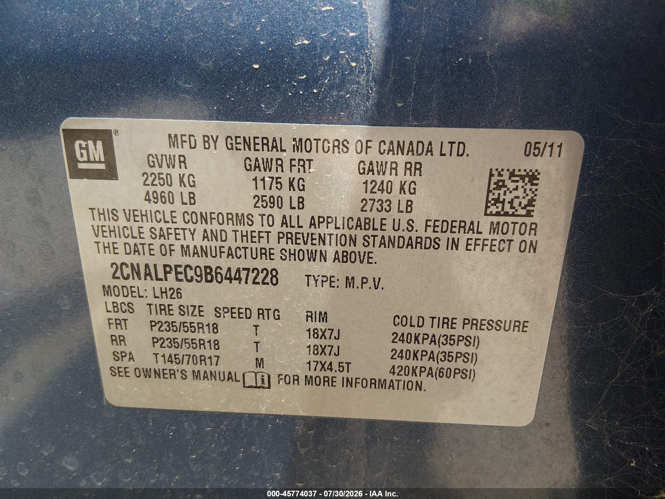 2011 Chevrolet Equinox 2lt Blue vin: 2CNALPEC9B6447228