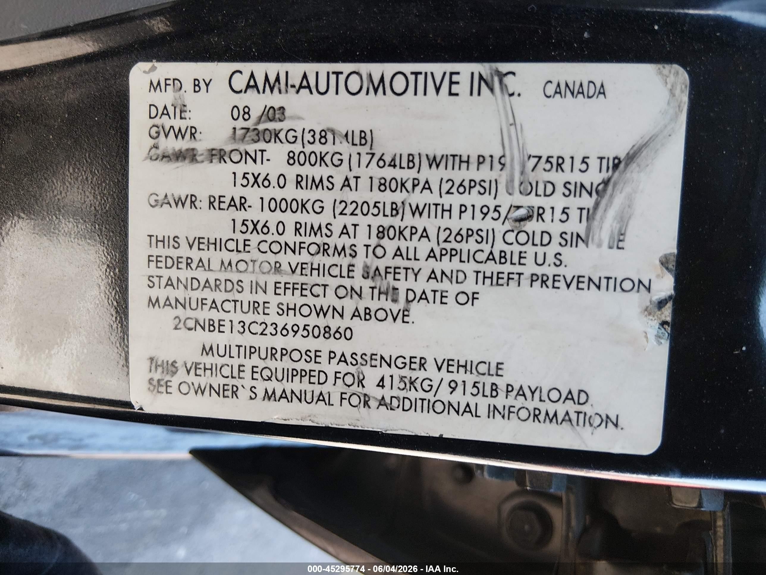 2003 Chevrolet Tracker Hard Top Base Черный vin: 2CNBE13C236950860
