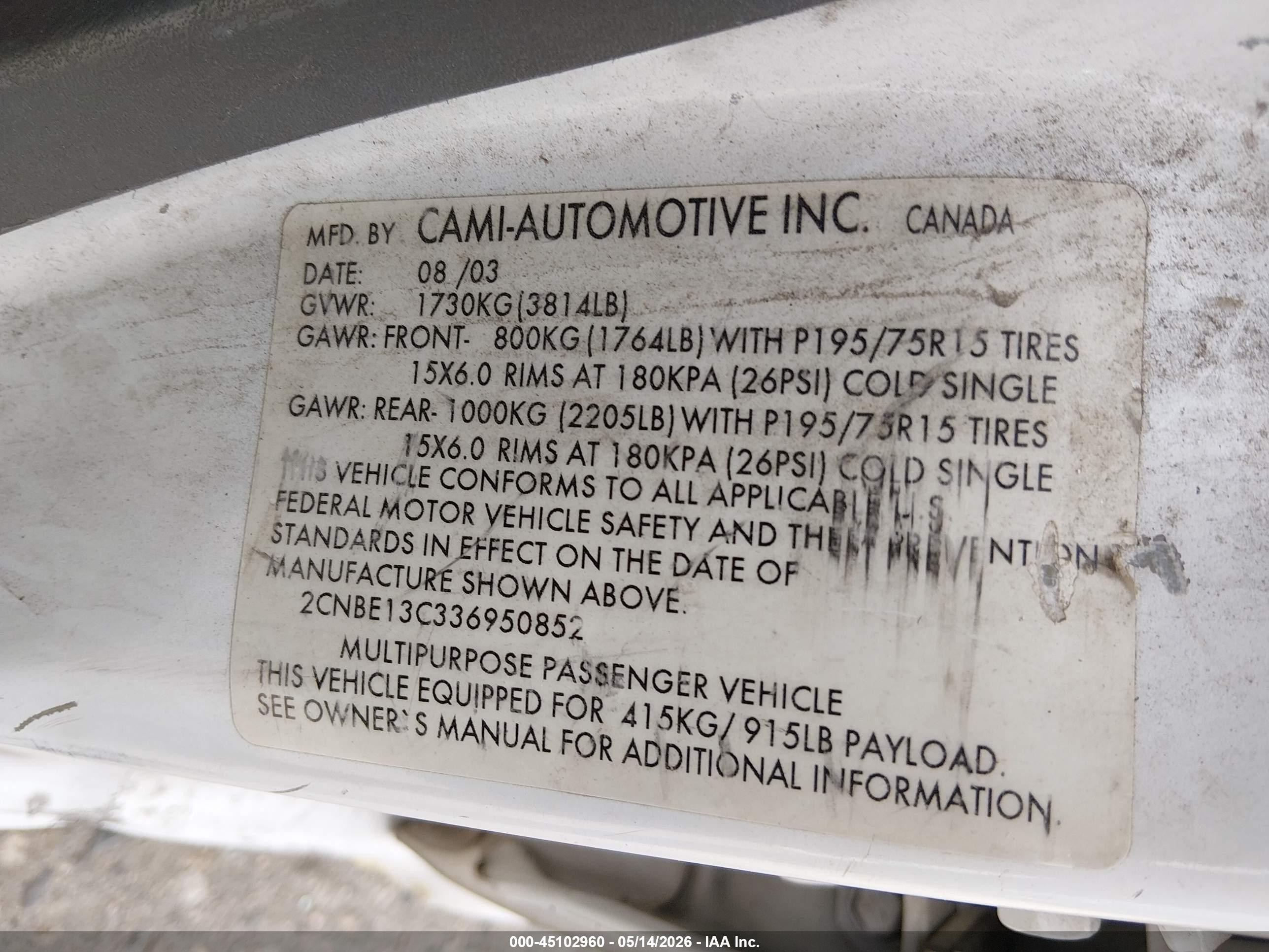 2003 Chevrolet Tracker Hard Top Base White vin: 2CNBE13C336950852