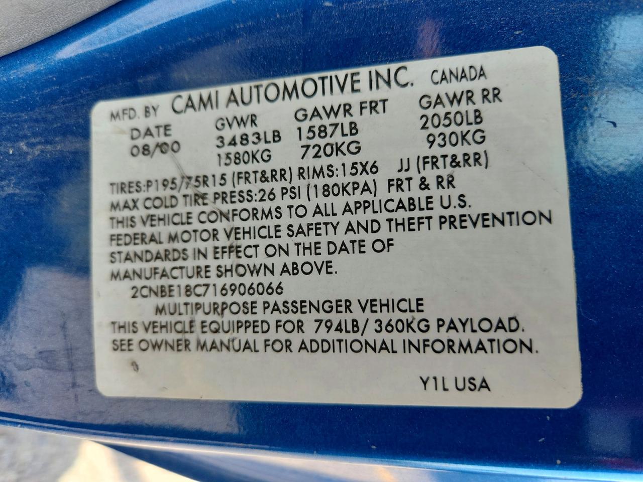 2001 Chevrolet Tracker Blue vin: 2CNBE18C716906066