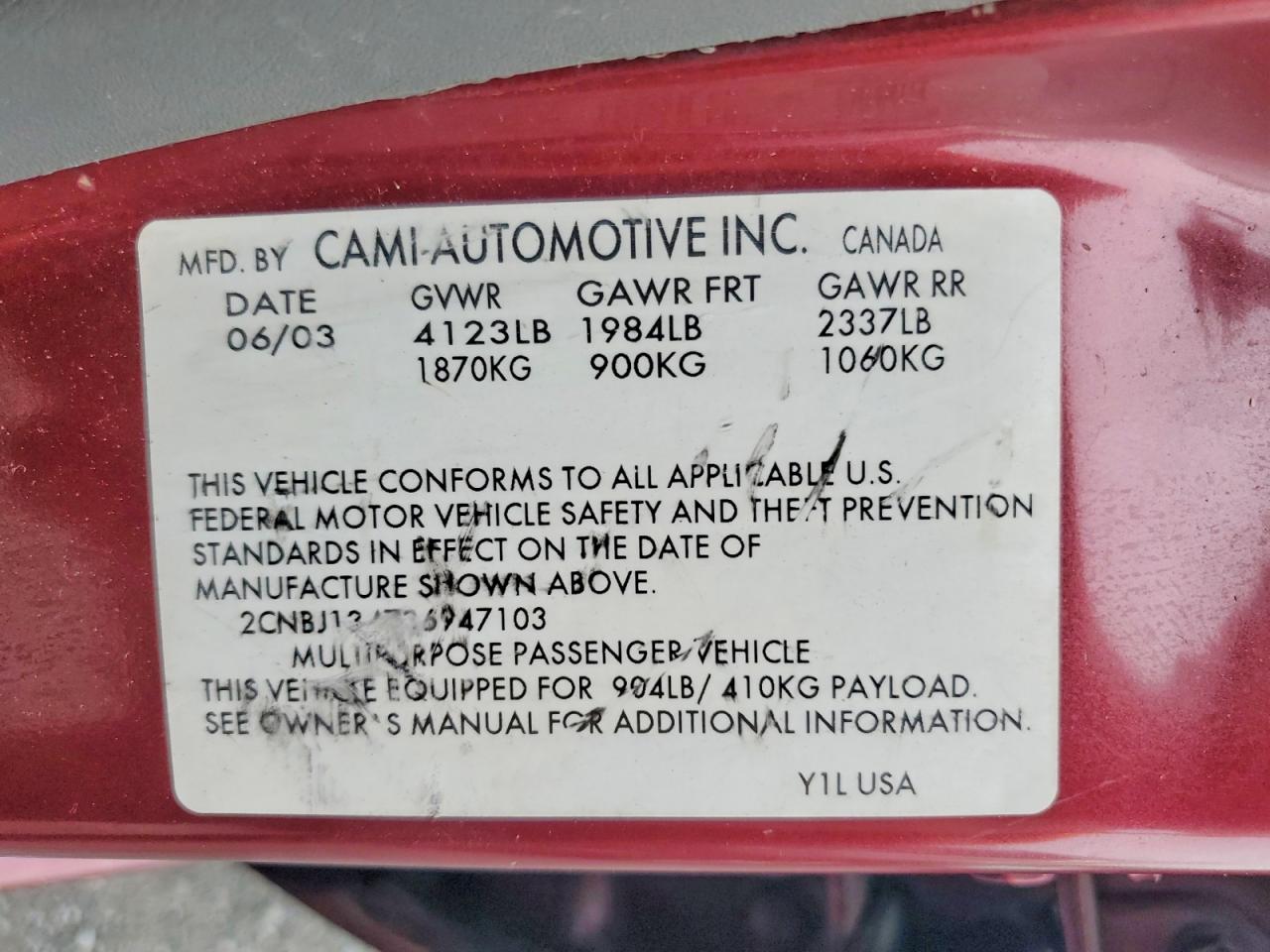 2003 Chevrolet Tracker Red vin: 2CNBJ134736947103